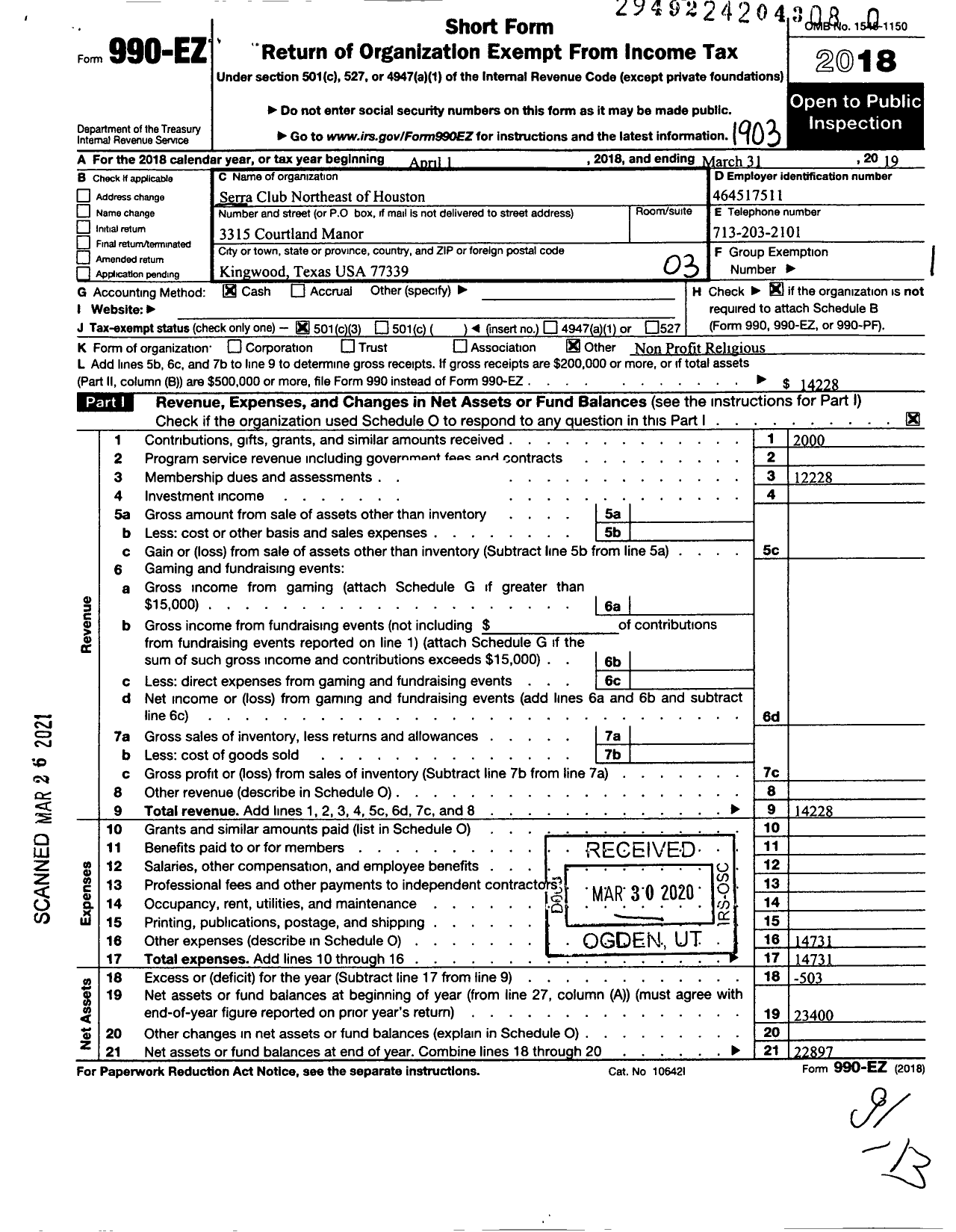 Image of first page of 2018 Form 990EZ for Serra International - 1170 Northeast of Houston Serra Clu