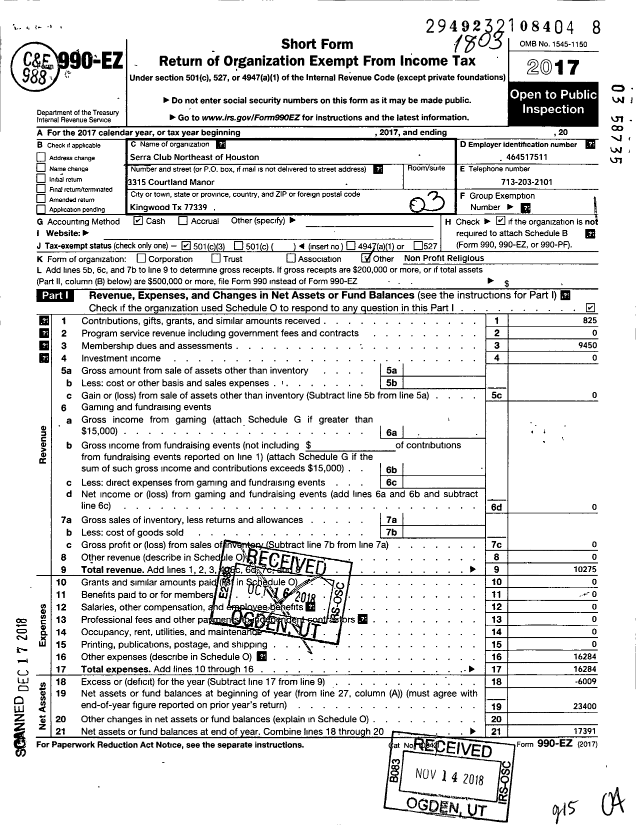 Image of first page of 2017 Form 990EZ for Serra International - 1170 Northeast of Houston Serra Clu