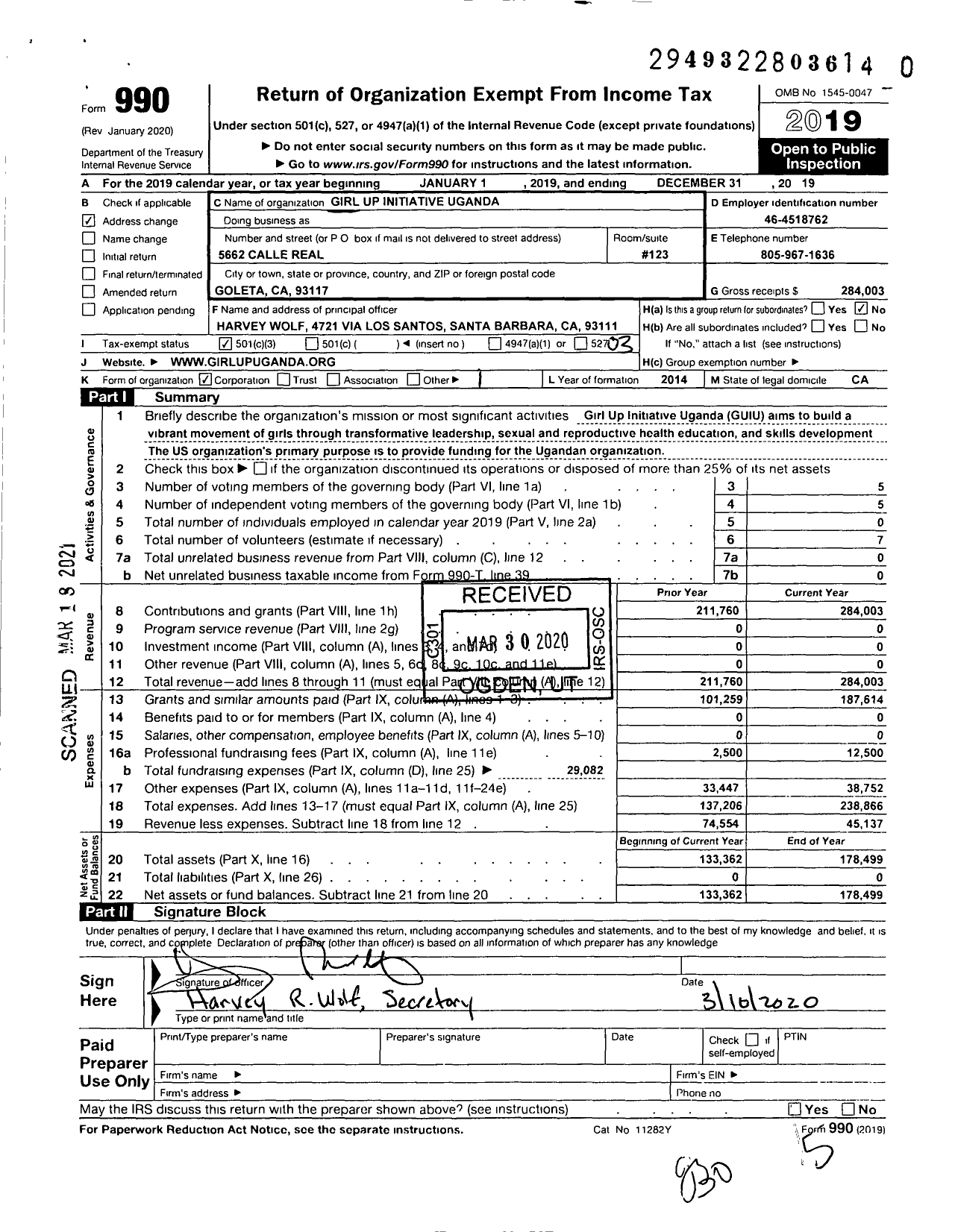 Image of first page of 2019 Form 990 for Girl Up Initiative Uganda