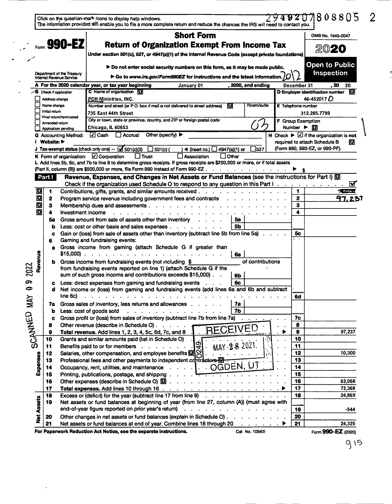 Image of first page of 2020 Form 990EZ for PCH Ministries