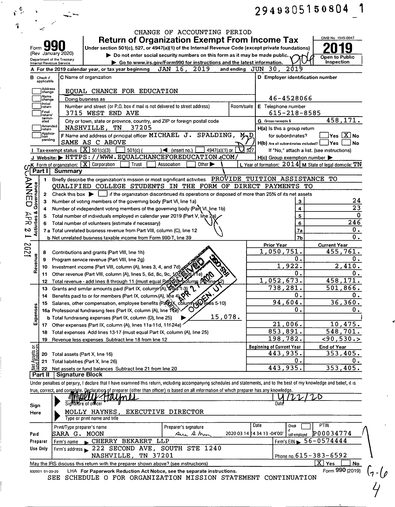 Image of first page of 2018 Form 990 for Equal Chance for Education