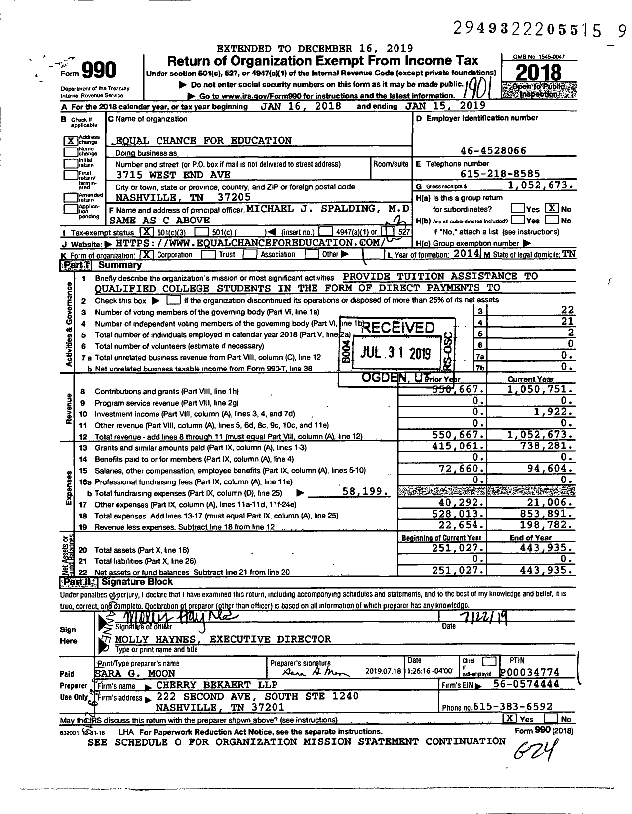 Image of first page of 2018 Form 990 for Equal Chance for Education