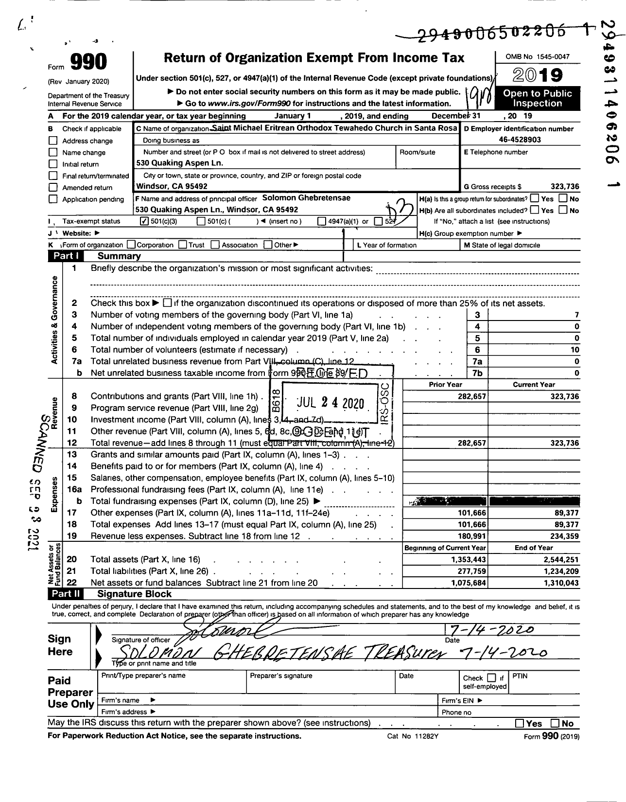 Image of first page of 2019 Form 990 for Saint Michael Eritrean Orthodox Tewahedo Church in Santa Rosa