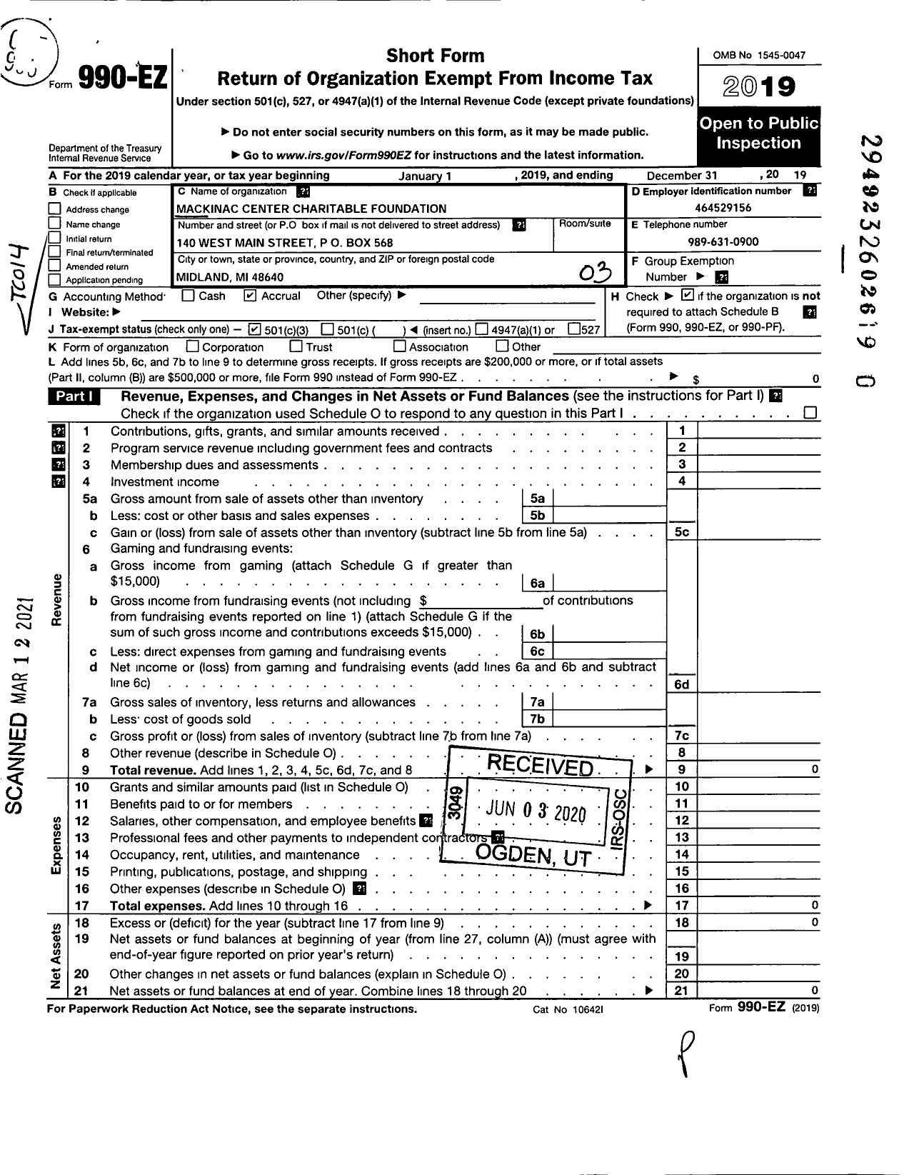 Image of first page of 2019 Form 990EZ for Mackinac Center Charitable Foundation