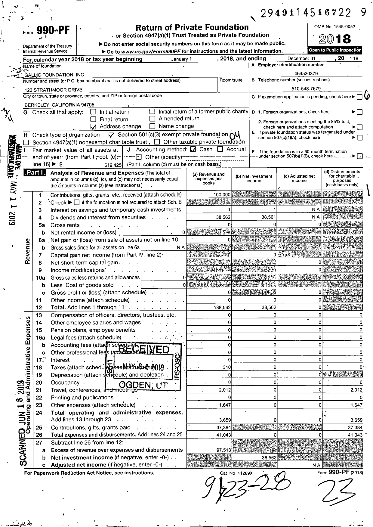 Image of first page of 2018 Form 990PF for Gallic Foundation