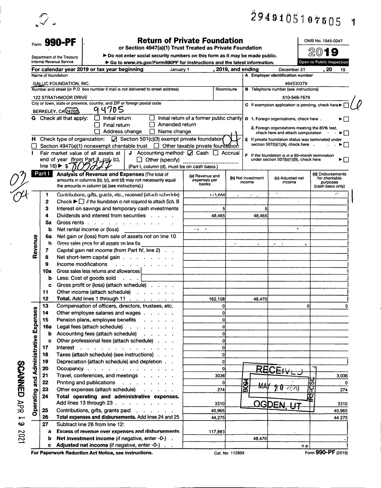 Image of first page of 2019 Form 990PF for Gallic Foundation