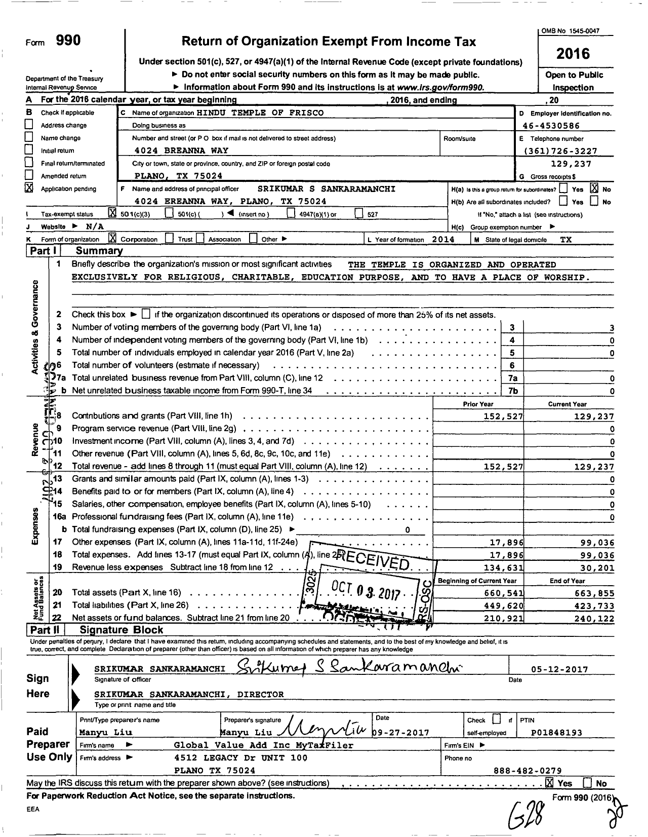 Image of first page of 2016 Form 990 for Hindu Temple of Frisco