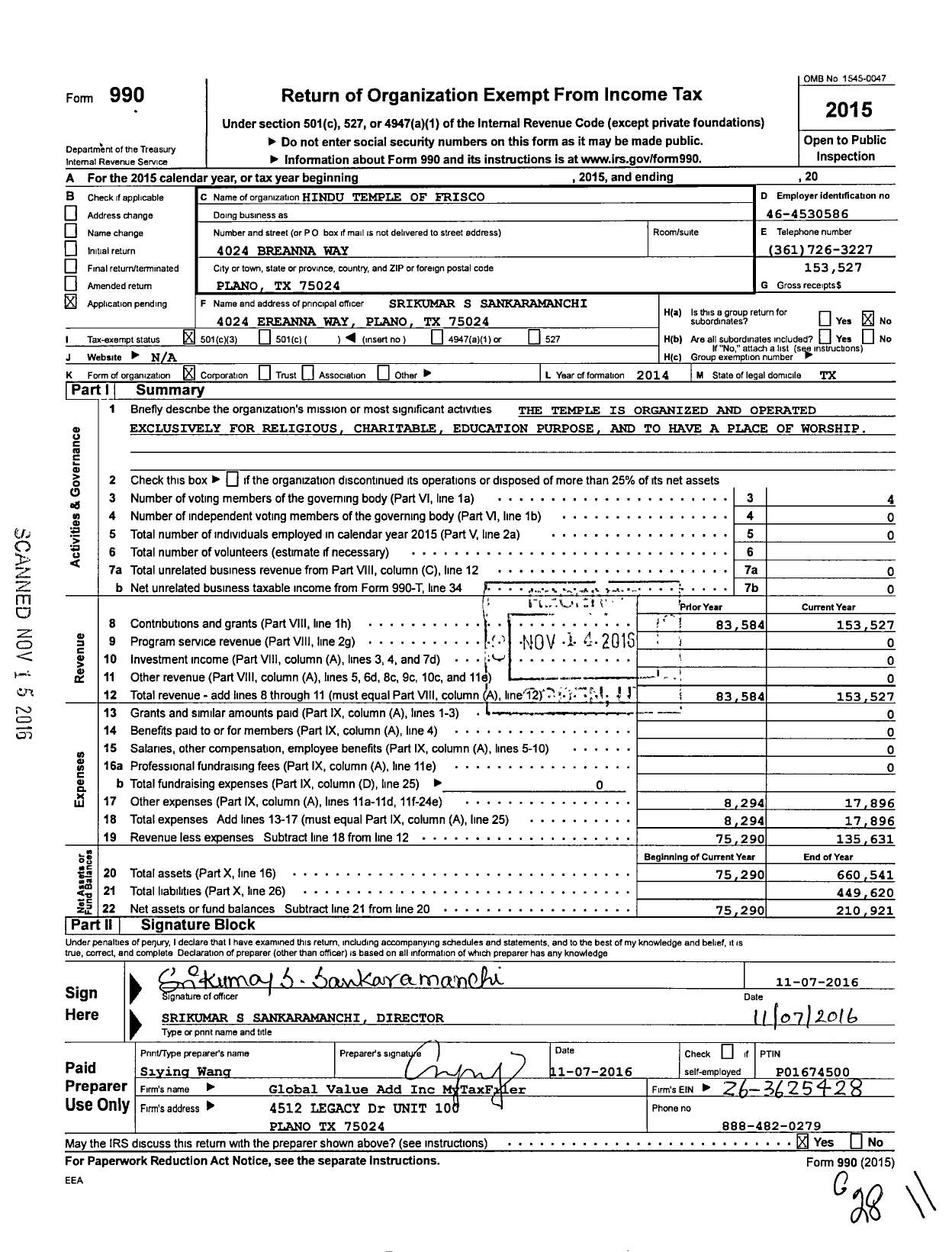 Image of first page of 2015 Form 990 for Hindu Temple of Frisco
