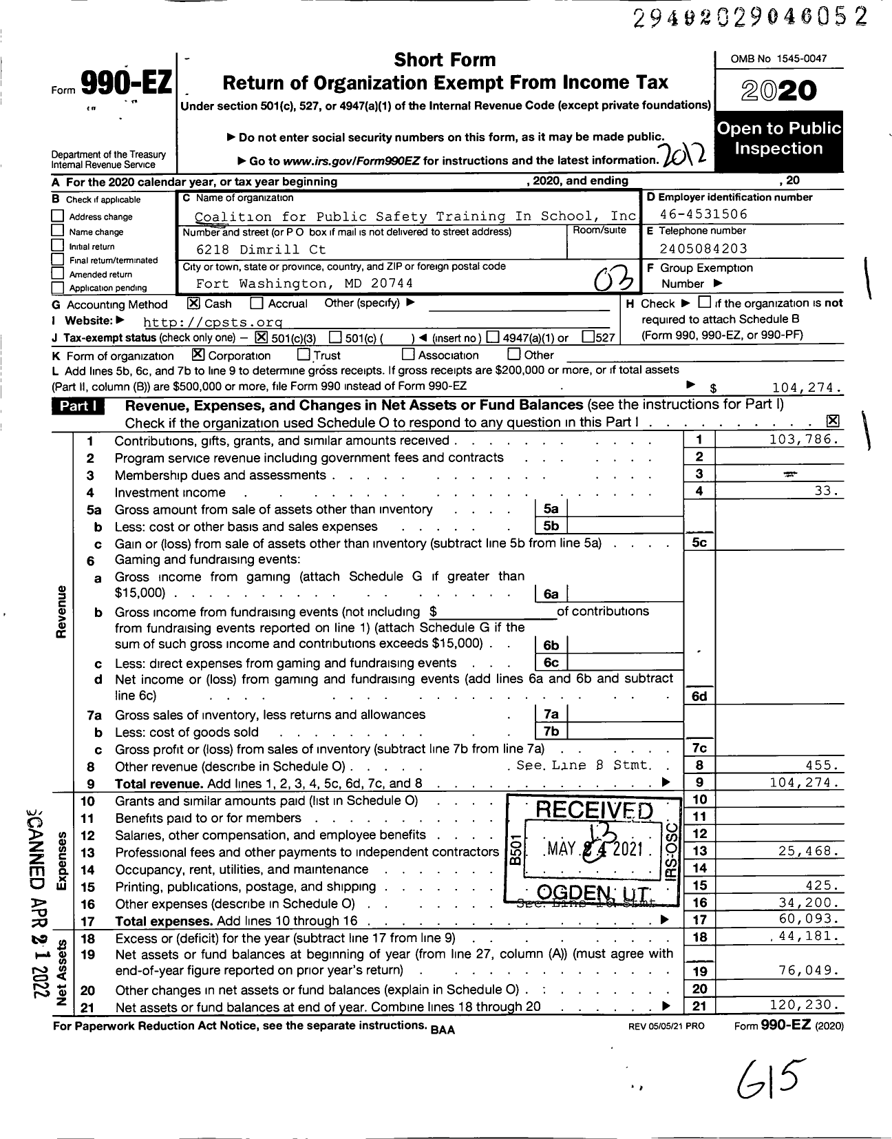 Image of first page of 2020 Form 990EZ for Coalition for Public Safety Training In