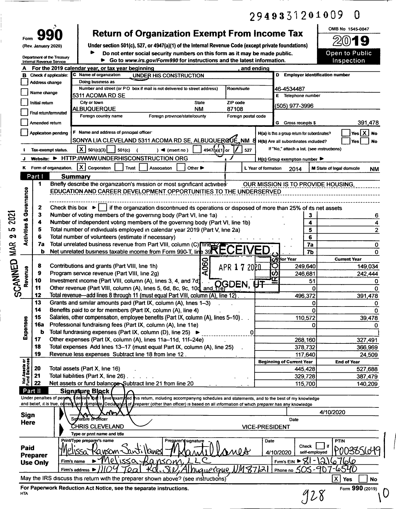 Image of first page of 2019 Form 990 for Under His Construction