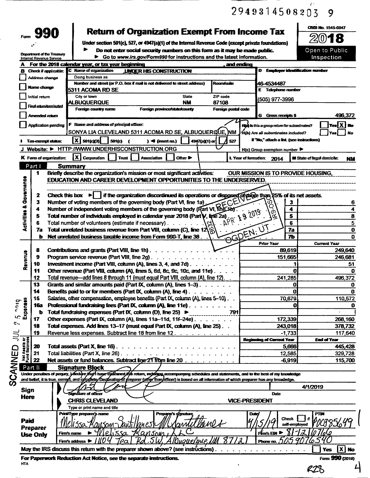 Image of first page of 2018 Form 990 for Under His Construction