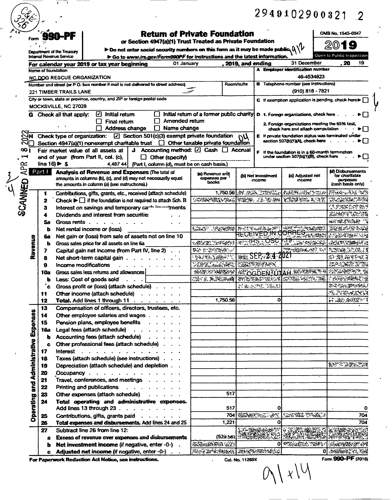 Image of first page of 2019 Form 990PF for NC Dog Rescue Organization