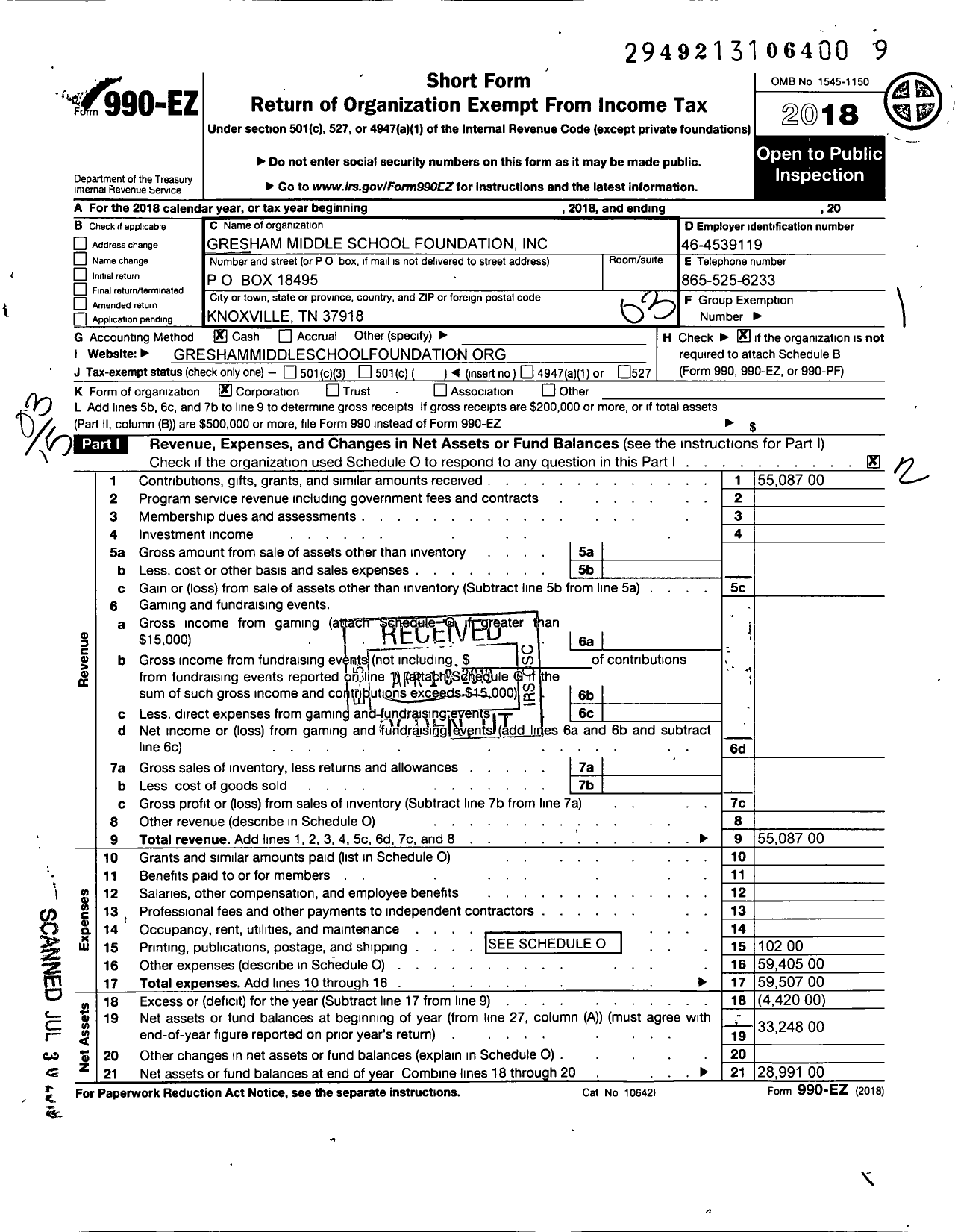 Image of first page of 2018 Form 990EZ for Gresham Middle School Foundation