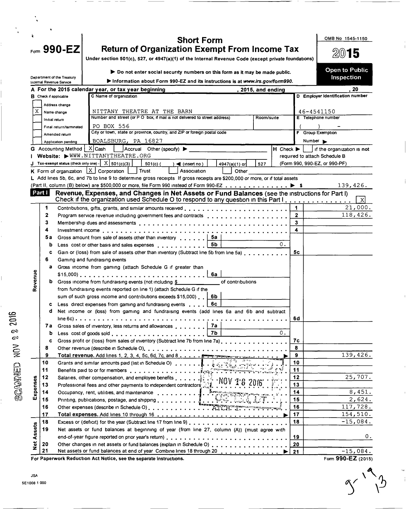 Image of first page of 2015 Form 990EZ for Nittany Theatre at the Barn