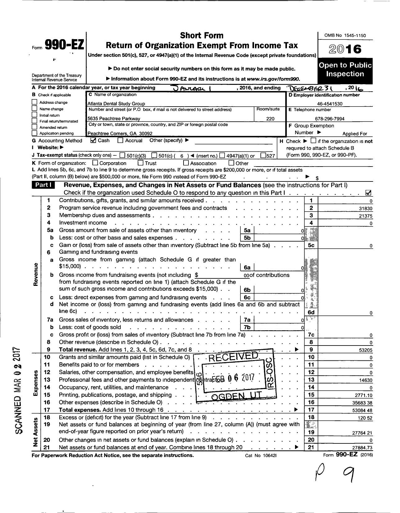 Image of first page of 2016 Form 990EO for Atlanta Dental Study Group (ADSG)