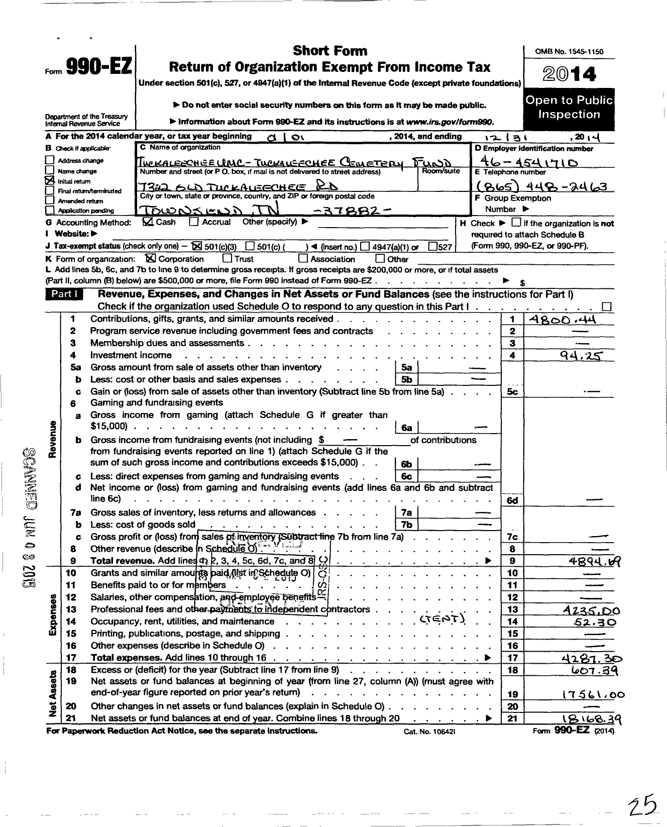 Image of first page of 2014 Form 990EZ for Tuckaleechee Umc Cemetery