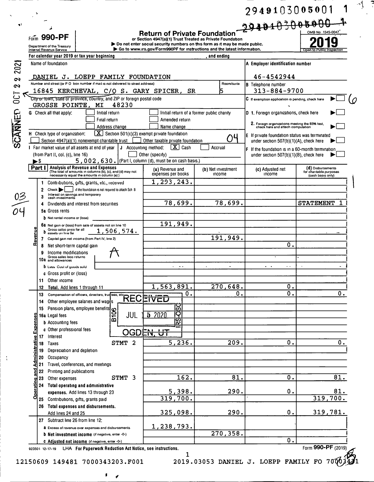 Image of first page of 2019 Form 990PF for Daniel J Loepp Family Foundation