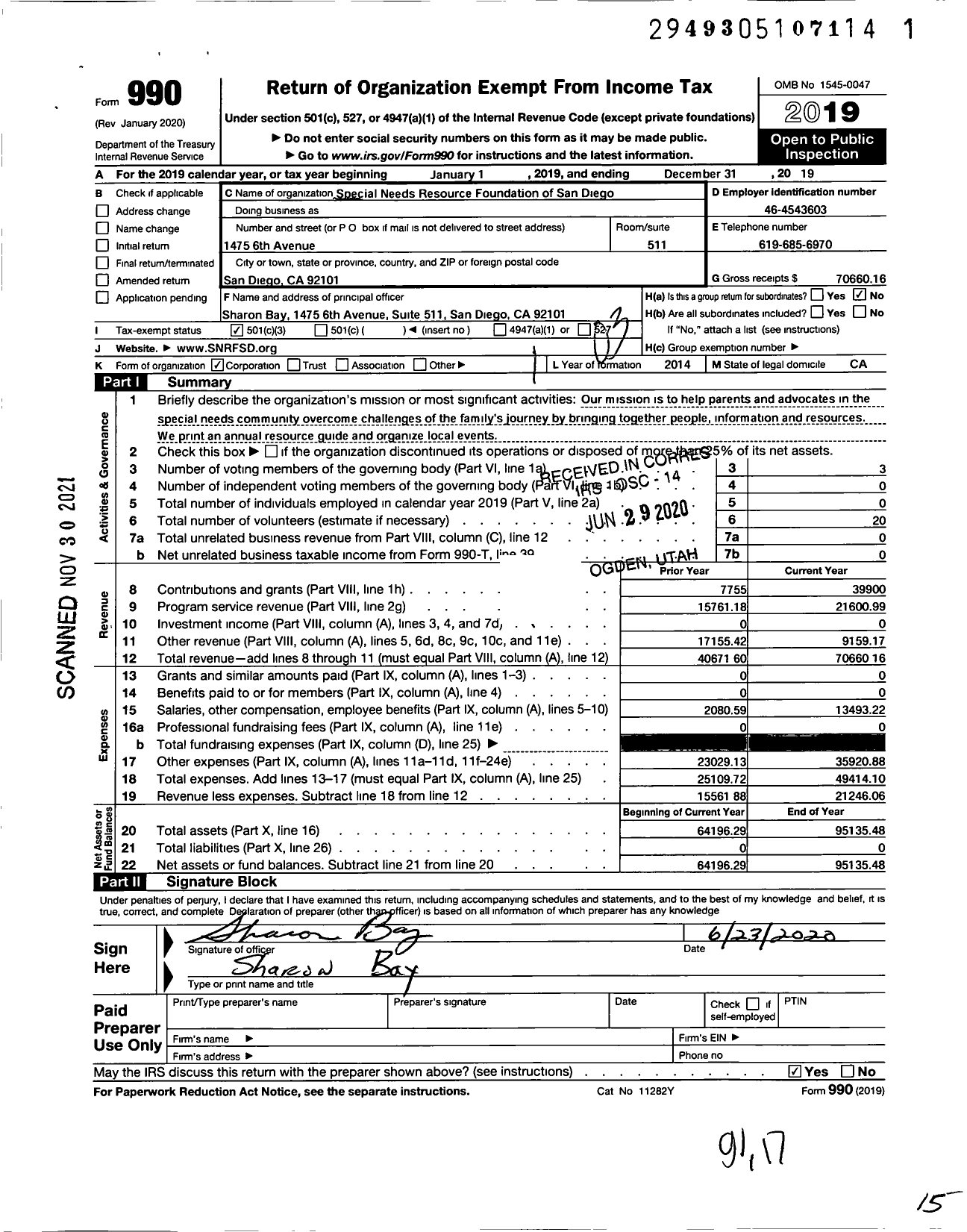 Image of first page of 2019 Form 990 for Special Needs Resource Foundation of San Diego