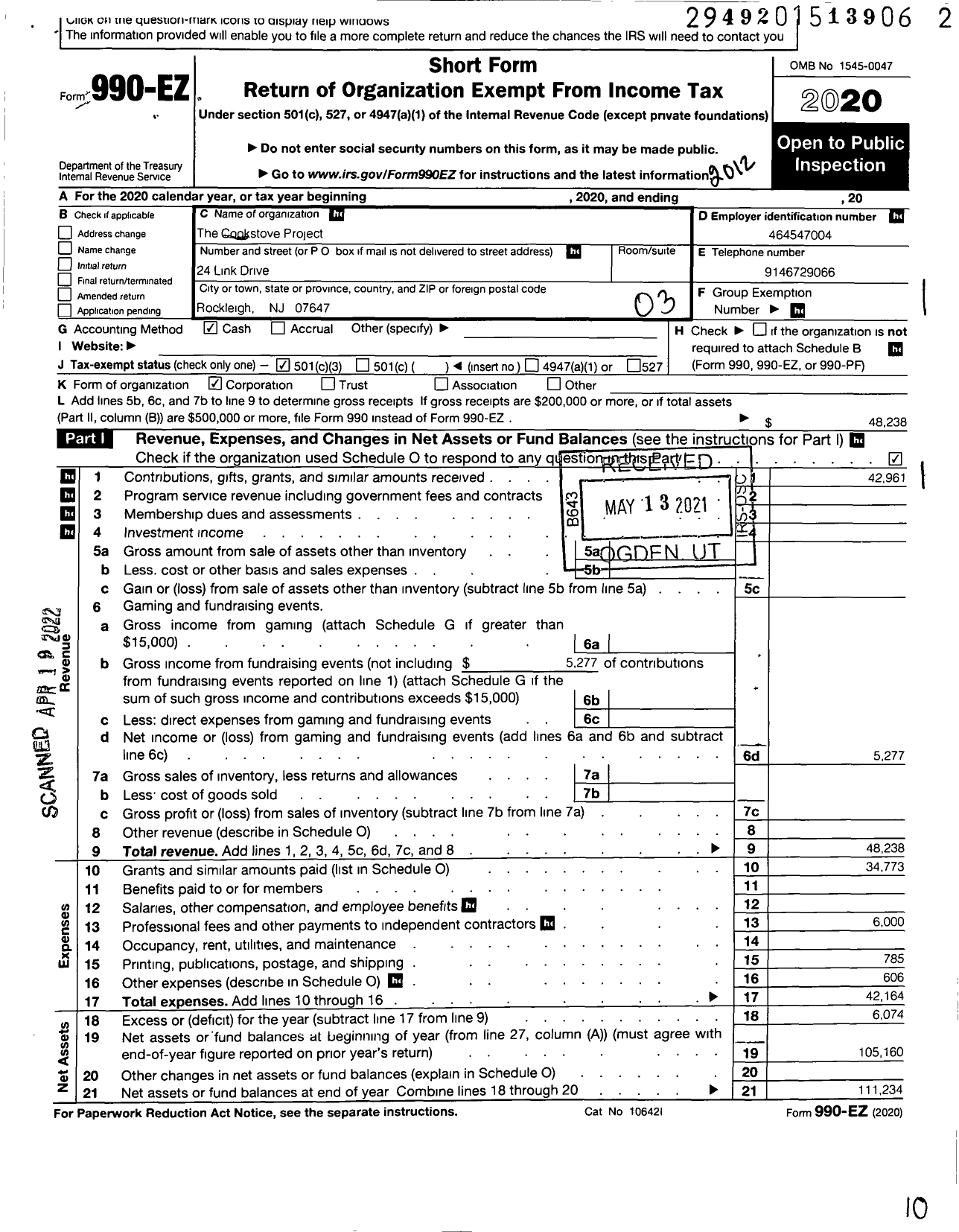 Image of first page of 2020 Form 990EZ for Cookstove Project