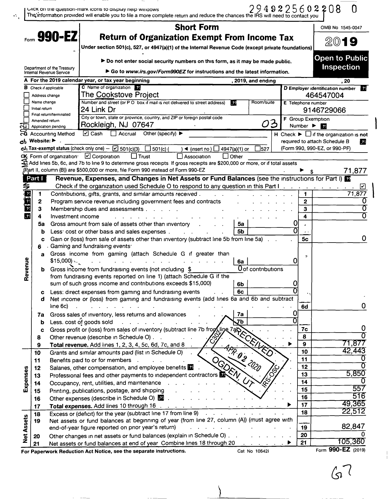 Image of first page of 2019 Form 990EZ for Cookstove Project