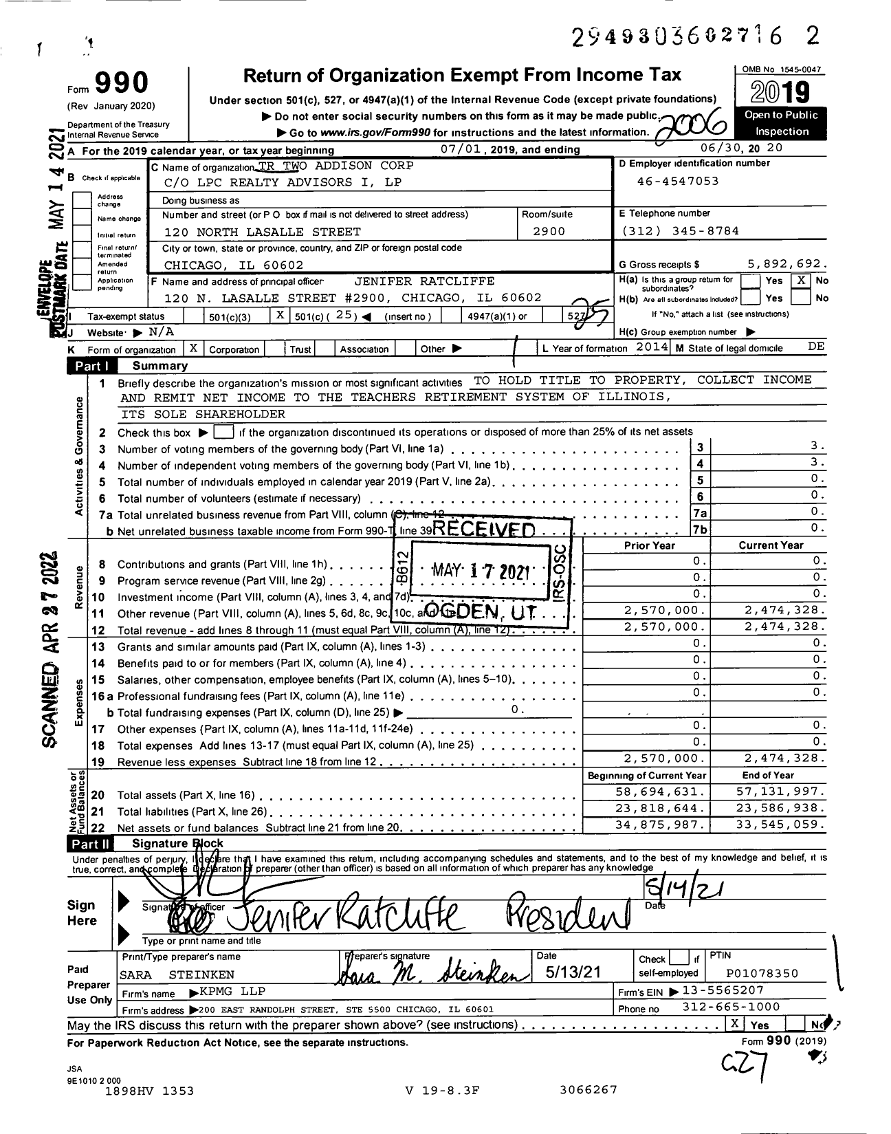 Image of first page of 2019 Form 990O for TR Two Addison Corporation