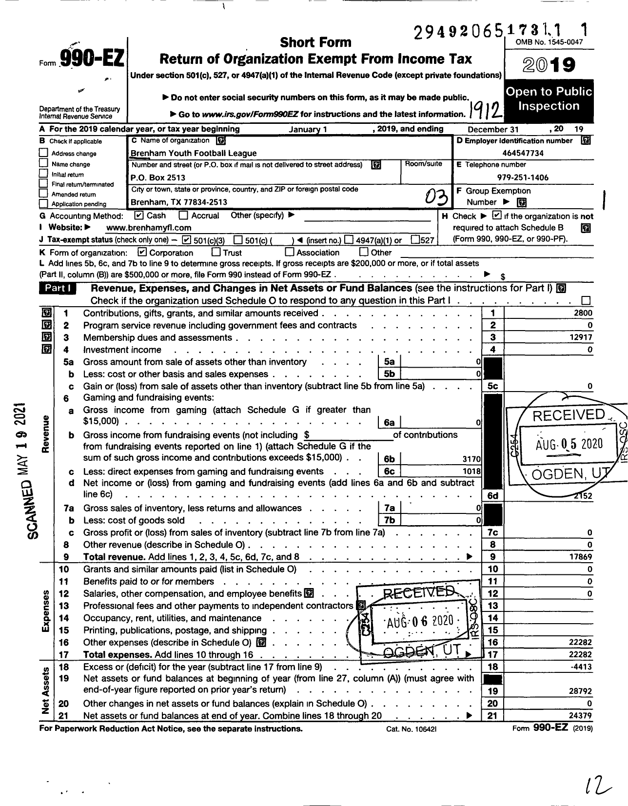 Image of first page of 2019 Form 990EZ for Brenham Youth Football League (BYFL)