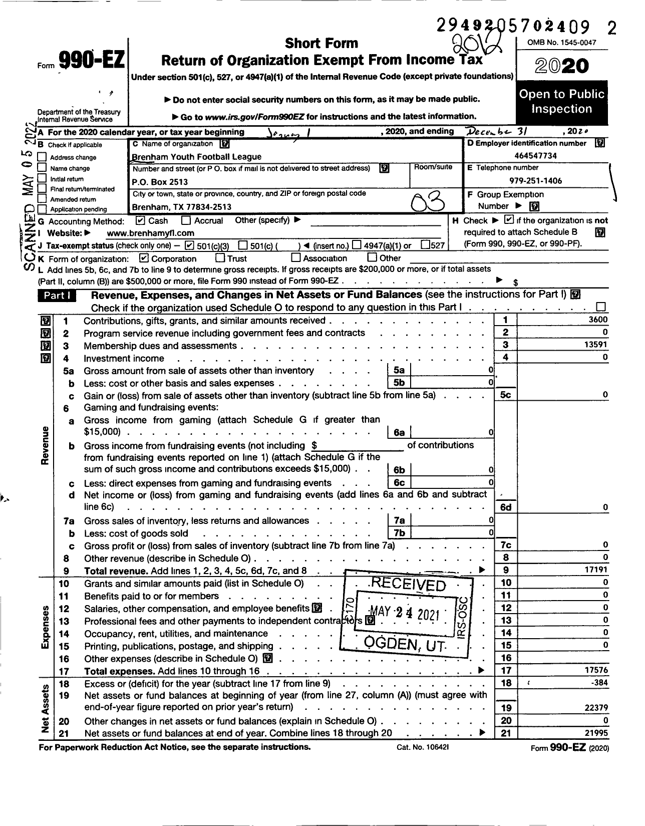 Image of first page of 2020 Form 990EZ for Brenham Youth Football League (BYFL)