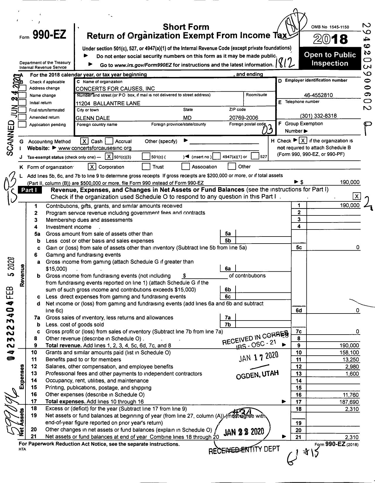 Image of first page of 2018 Form 990EZ for Concerts for Causes