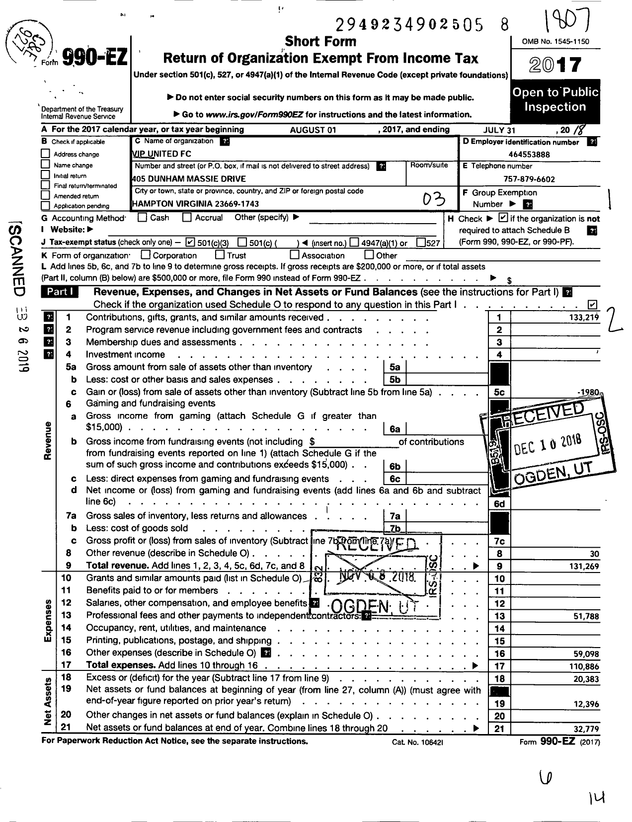 Image of first page of 2017 Form 990EZ for Vip United FC