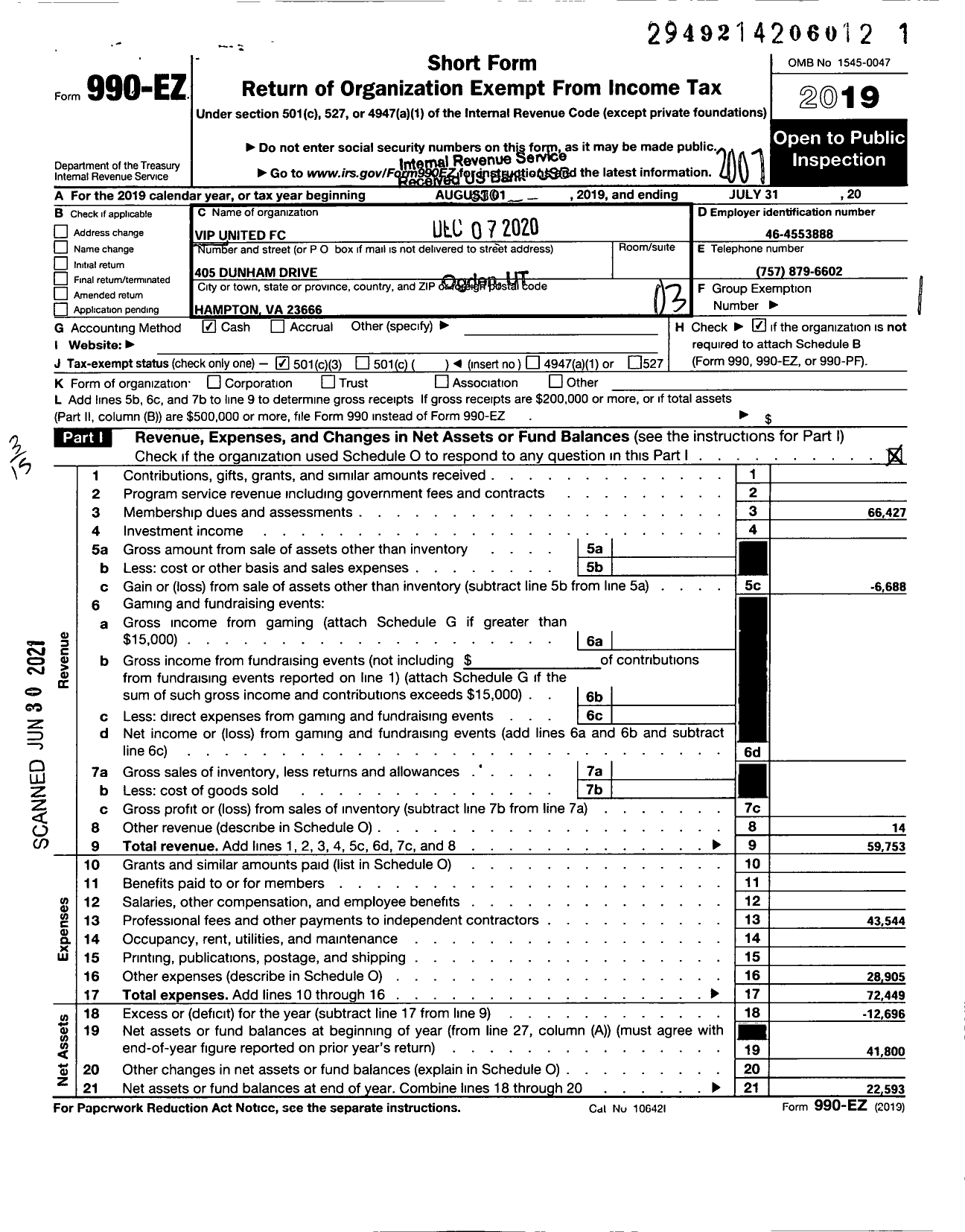 Image of first page of 2019 Form 990EZ for Vip United FC