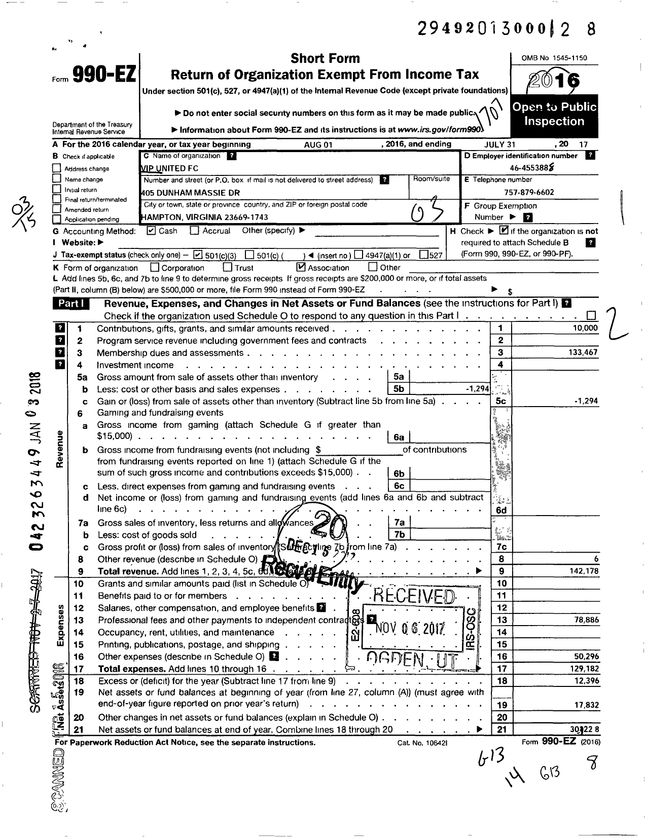 Image of first page of 2016 Form 990EZ for Vip United FC