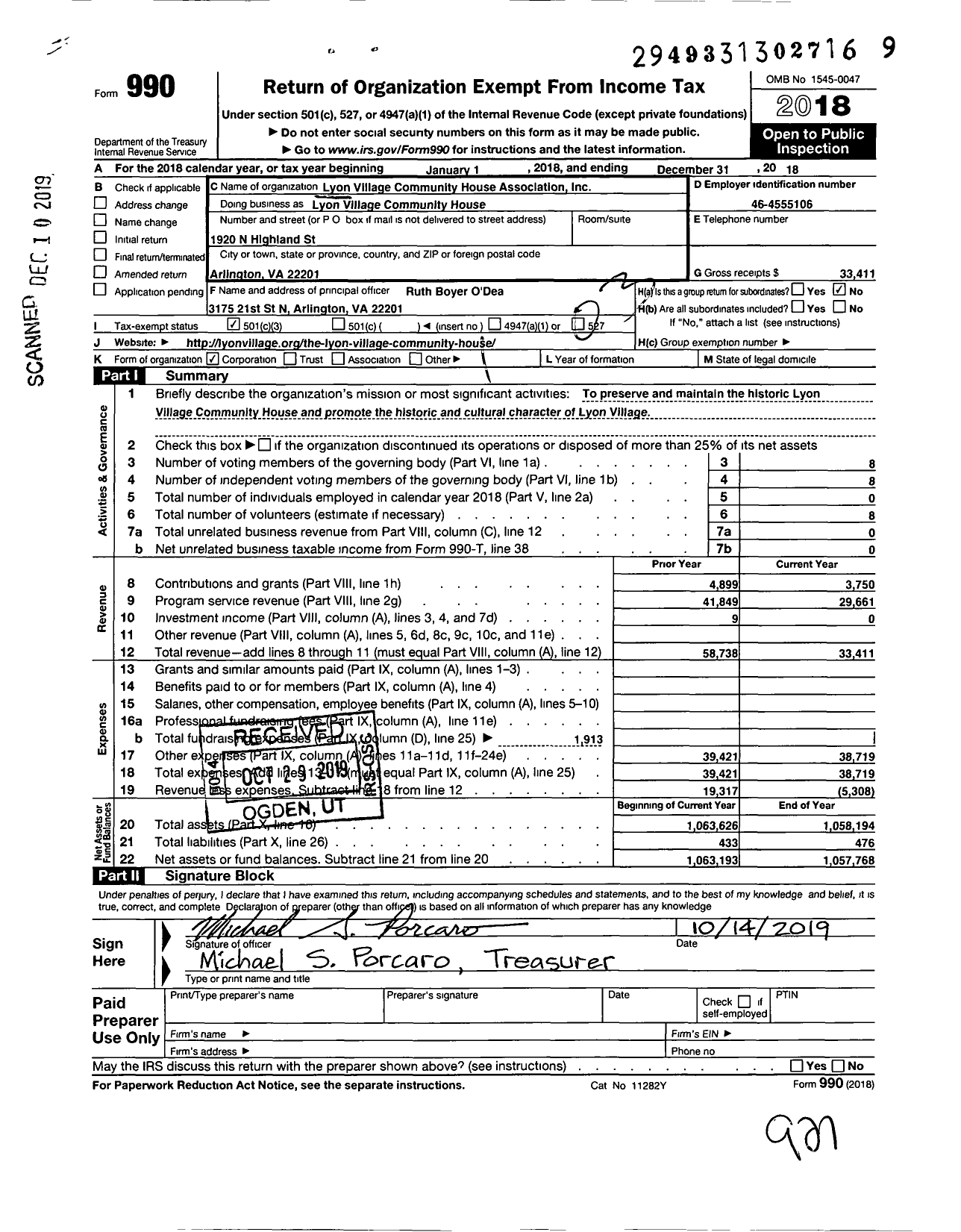 Image of first page of 2018 Form 990 for Lyon Village Community House Association