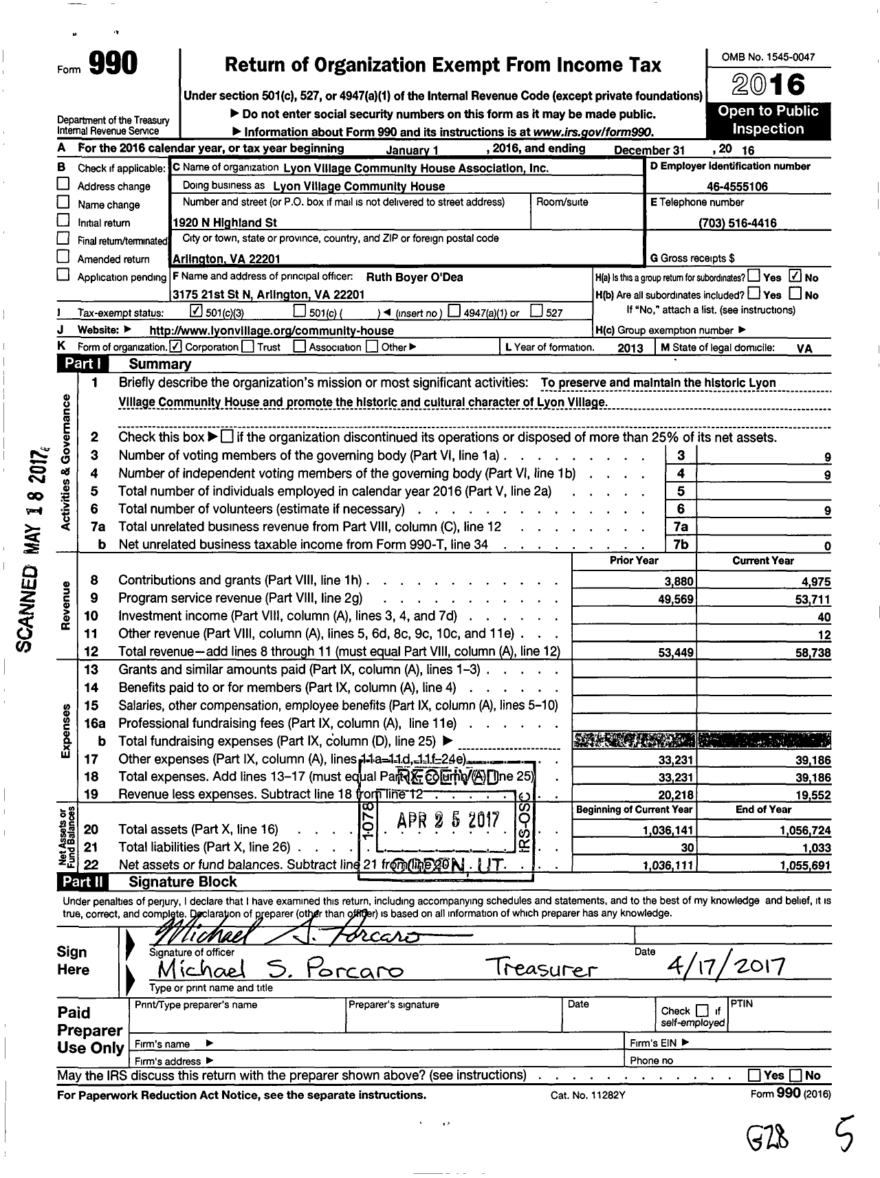 Image of first page of 2016 Form 990 for Lyon Village Community House Association