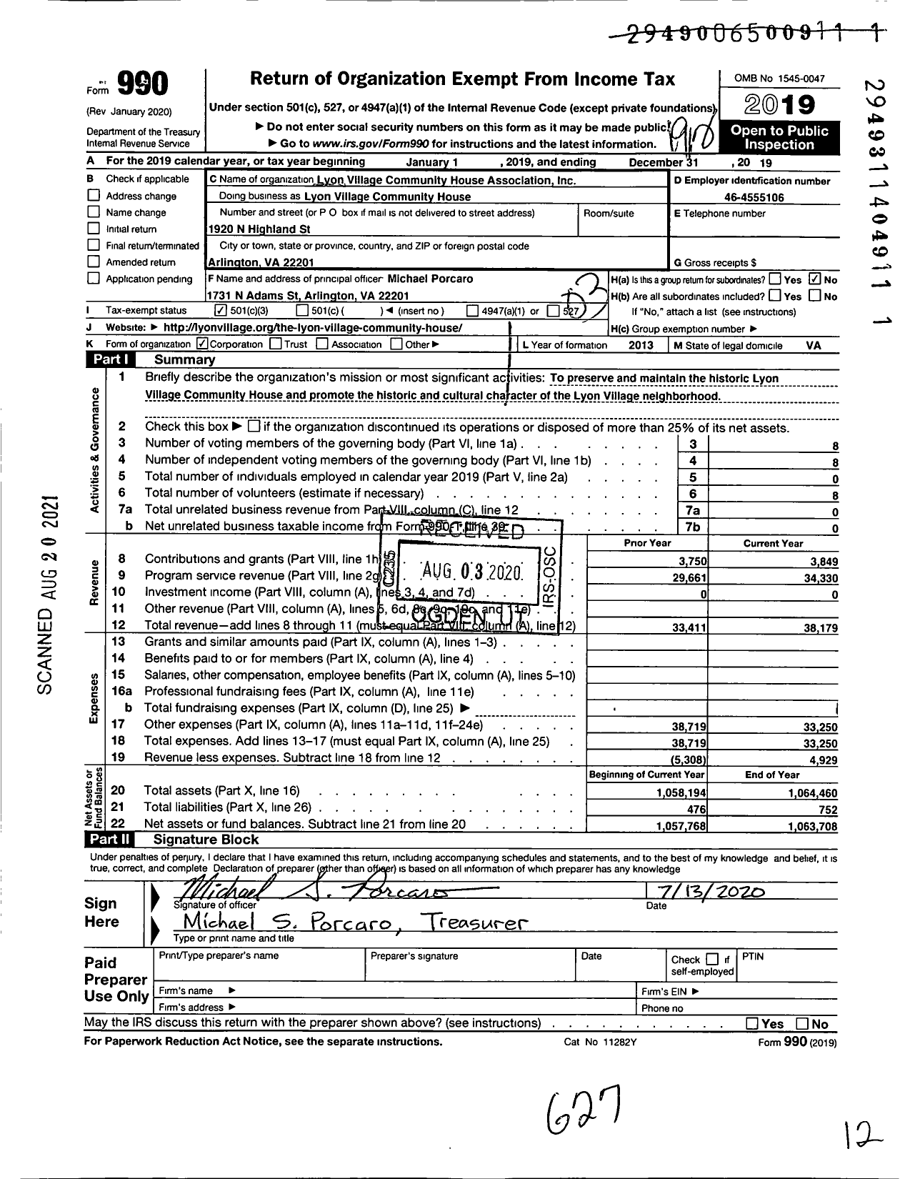 Image of first page of 2019 Form 990 for Lyon Village Community House Association