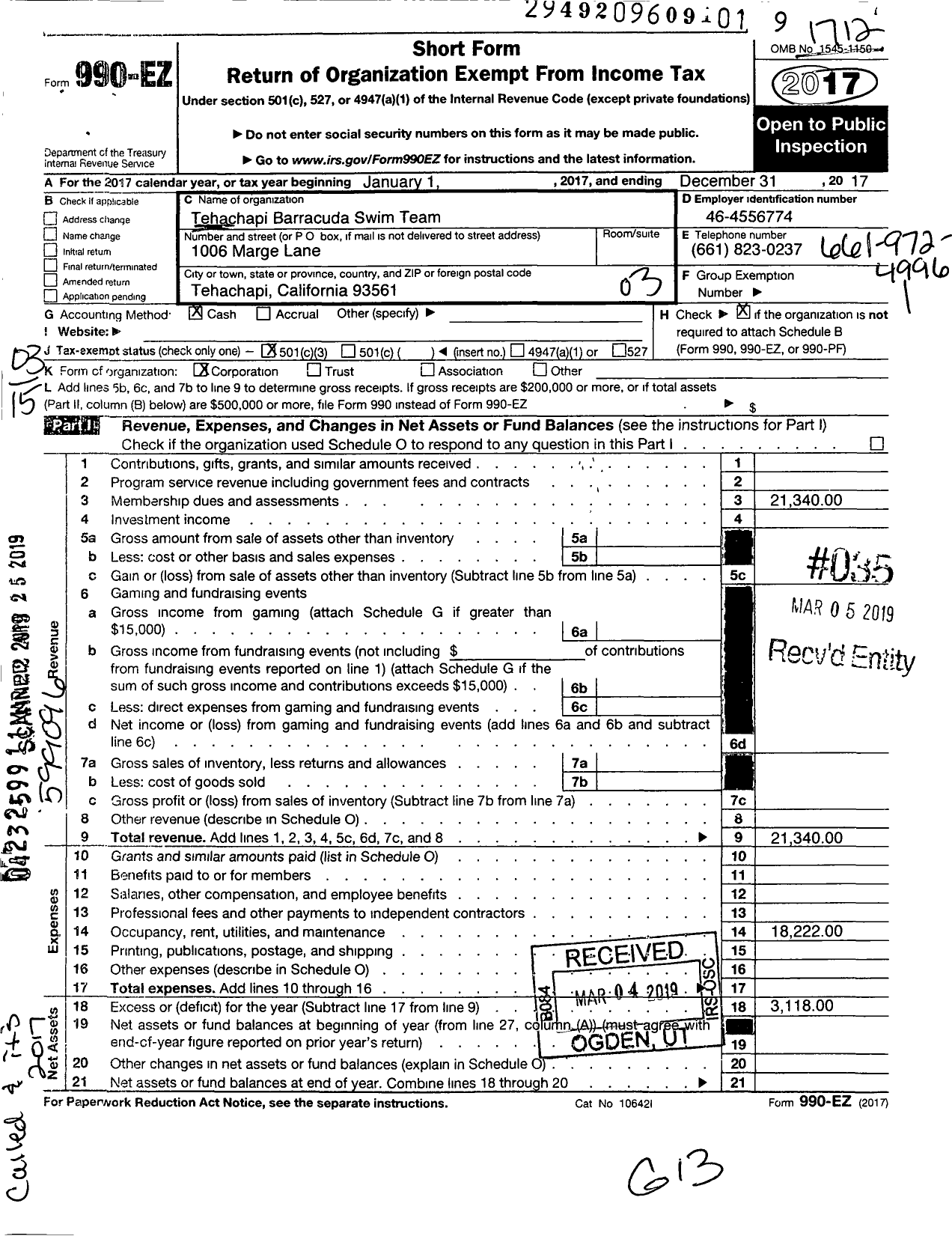 Image of first page of 2017 Form 990EZ for Tehachapi Barracuda Swim Team