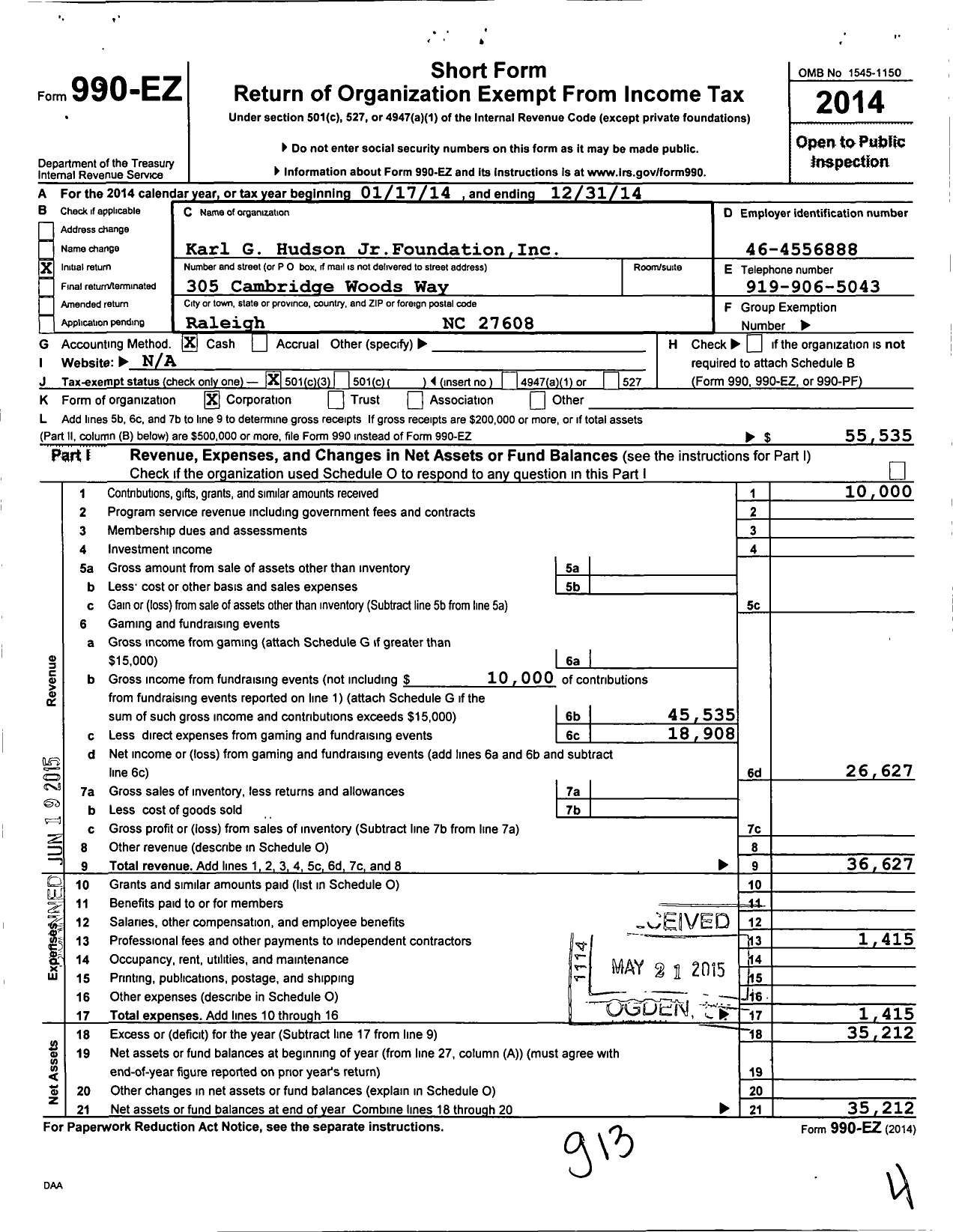 Image of first page of 2014 Form 990EZ for Karl G Hudson JR Foundation