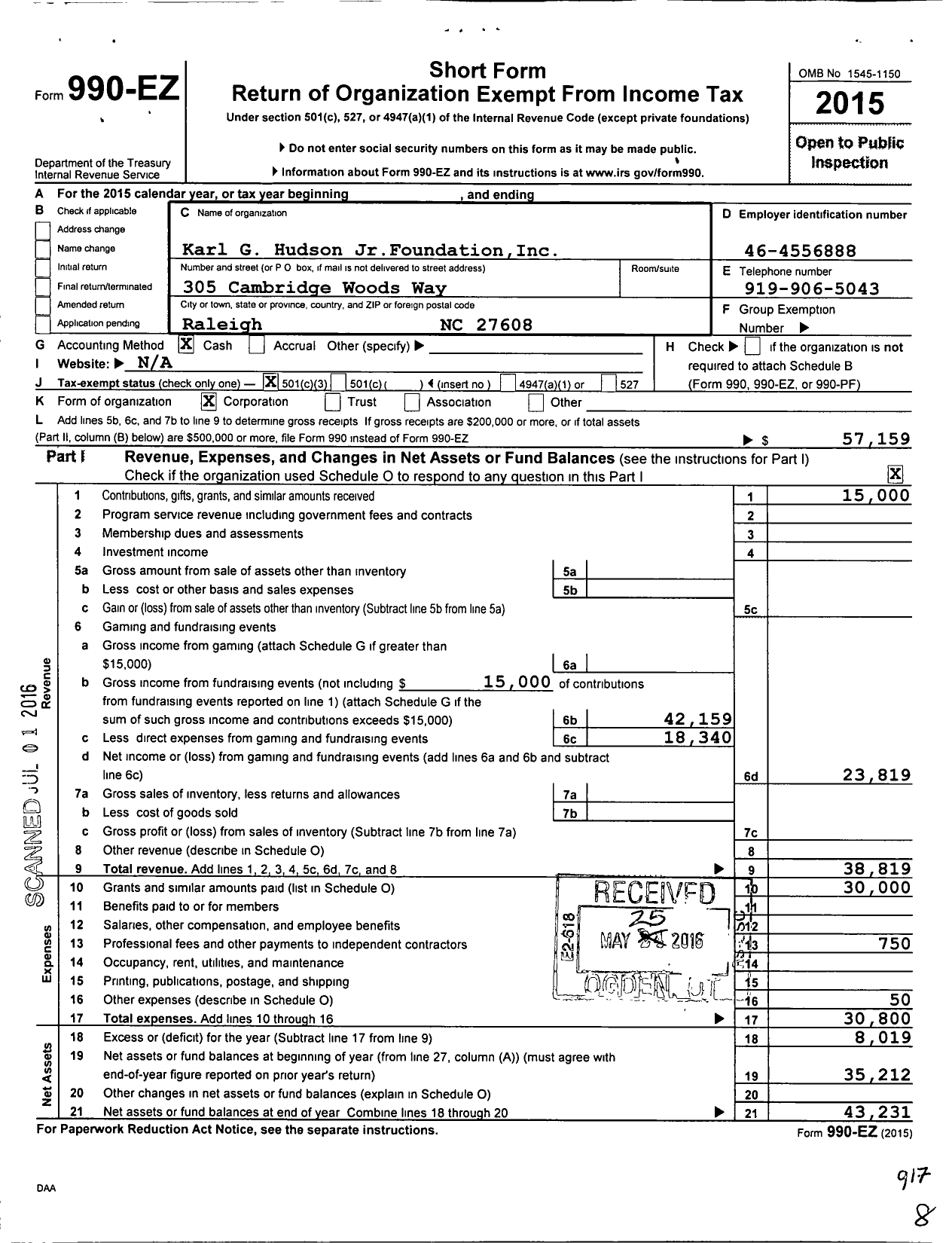 Image of first page of 2015 Form 990EZ for Karl G Hudson JR Foundation