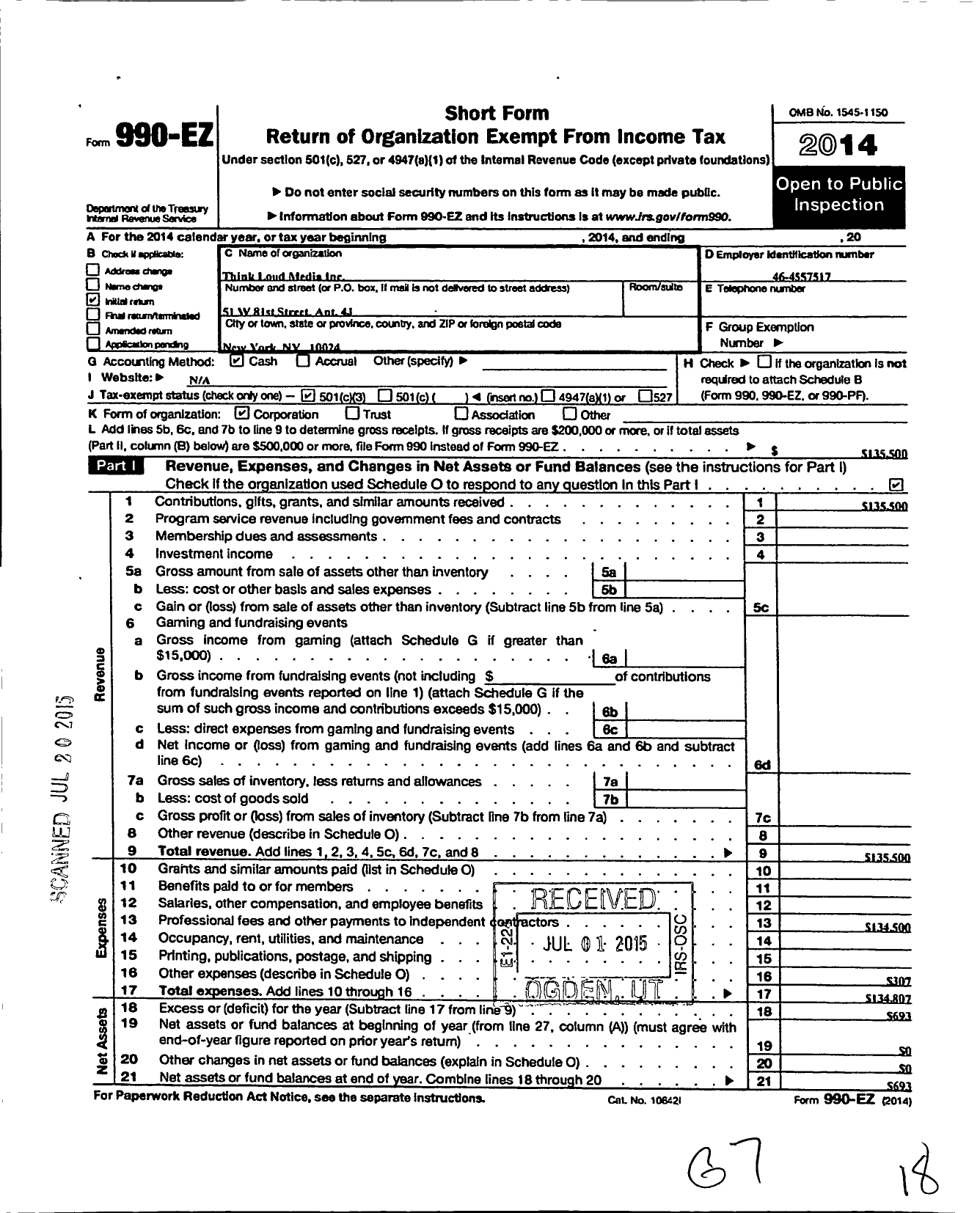 Image of first page of 2014 Form 990EZ for Think Loud Media