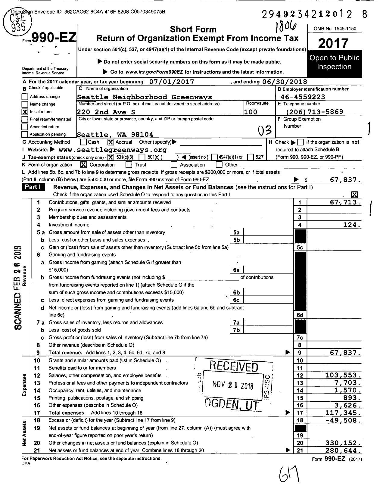 Image of first page of 2017 Form 990EZ for Seattle Neighborhood Greenways