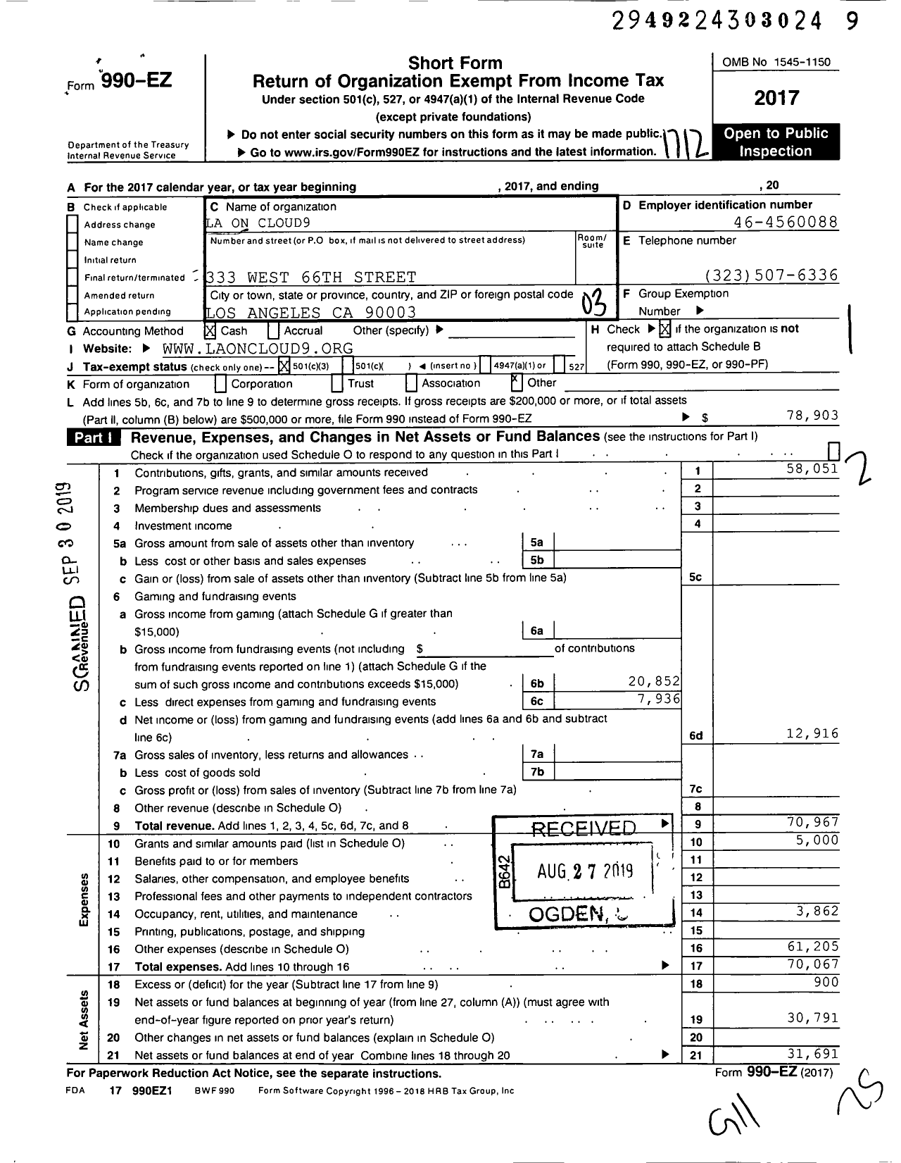 Image of first page of 2017 Form 990EZ for La on Cloud9