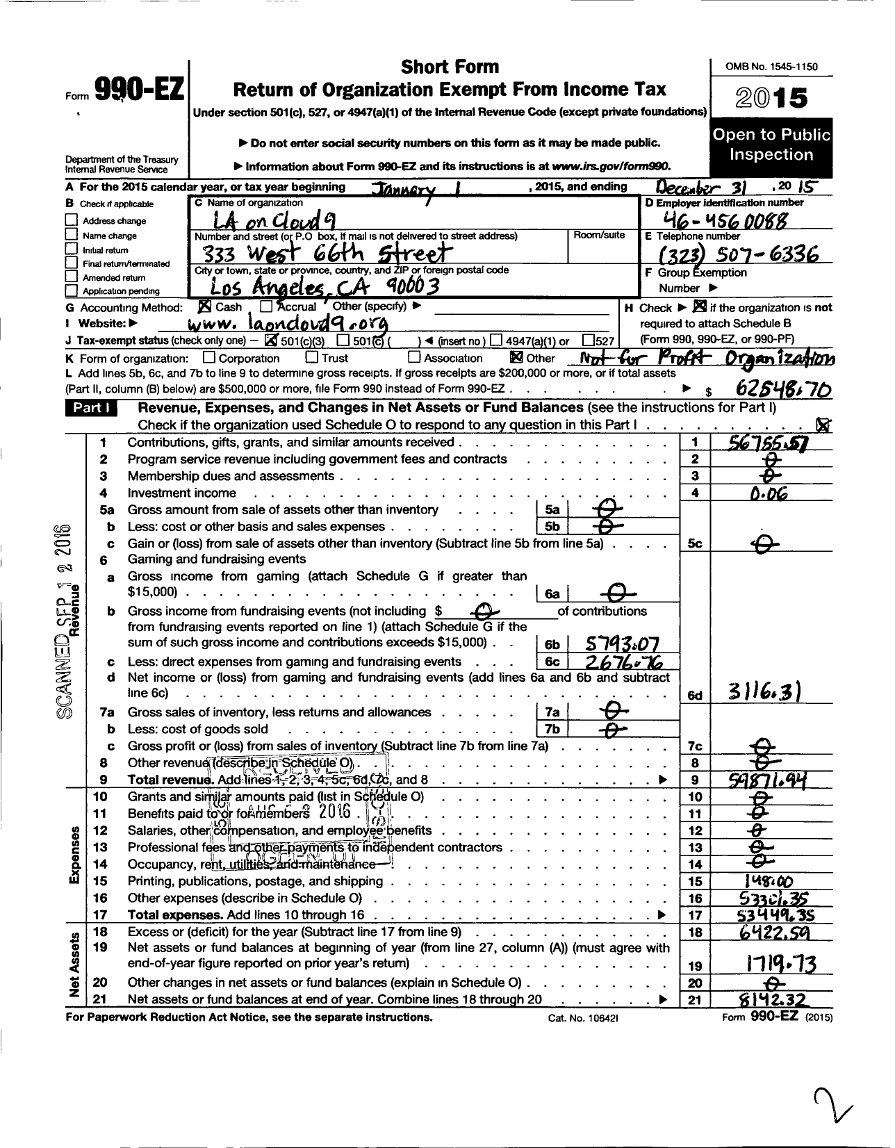 Image of first page of 2015 Form 990EZ for La on Cloud9