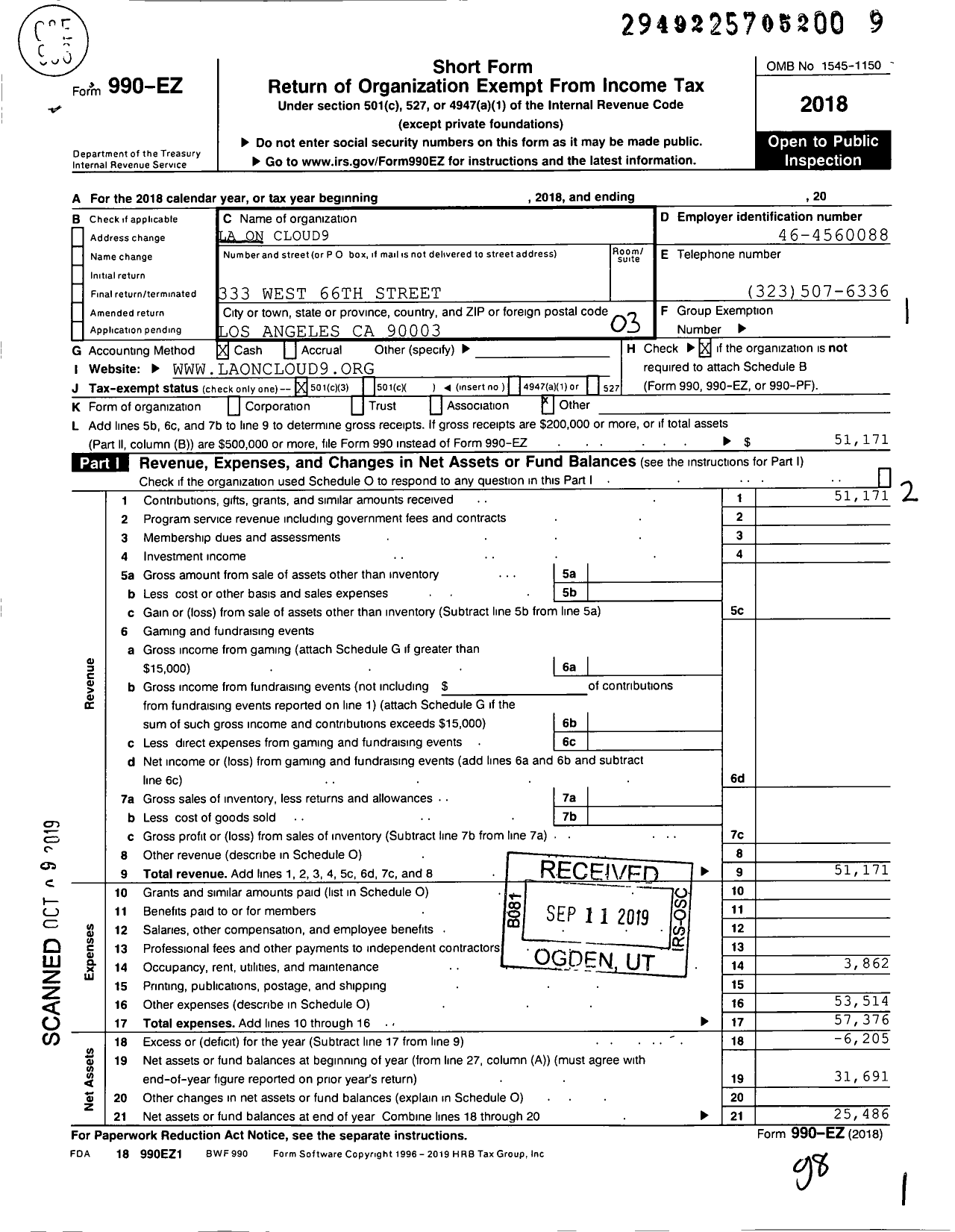 Image of first page of 2018 Form 990EZ for La on Cloud9