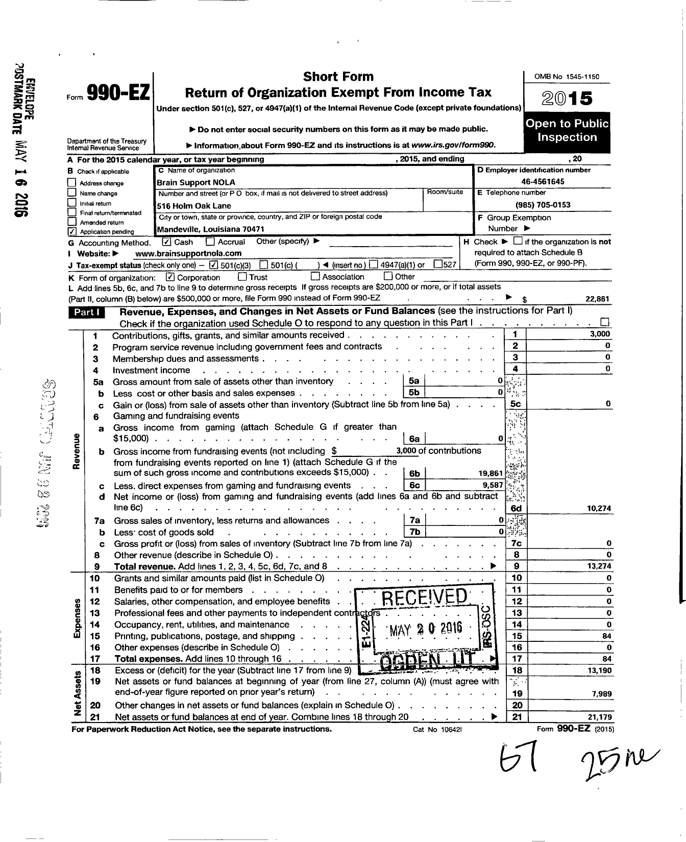 Image of first page of 2015 Form 990EZ for Brain Support Nola