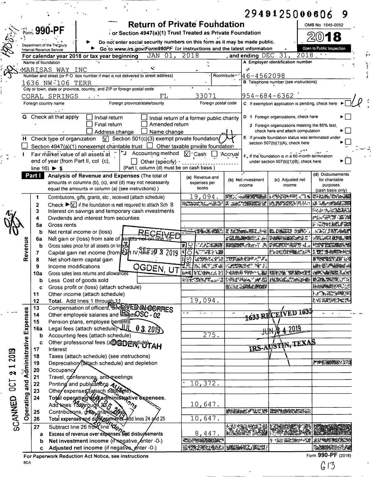 Image of first page of 2018 Form 990PF for Marisas Way