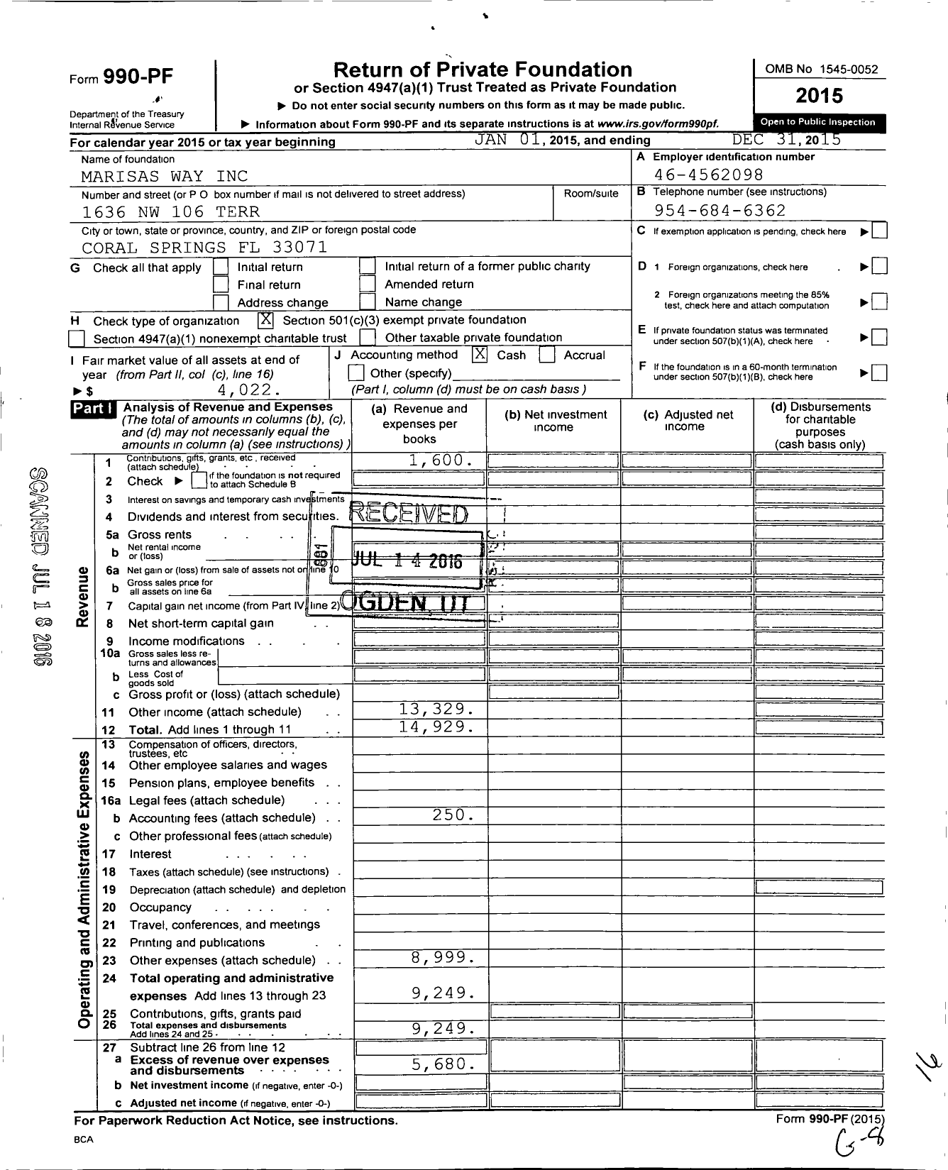 Image of first page of 2015 Form 990PF for Marisas Way