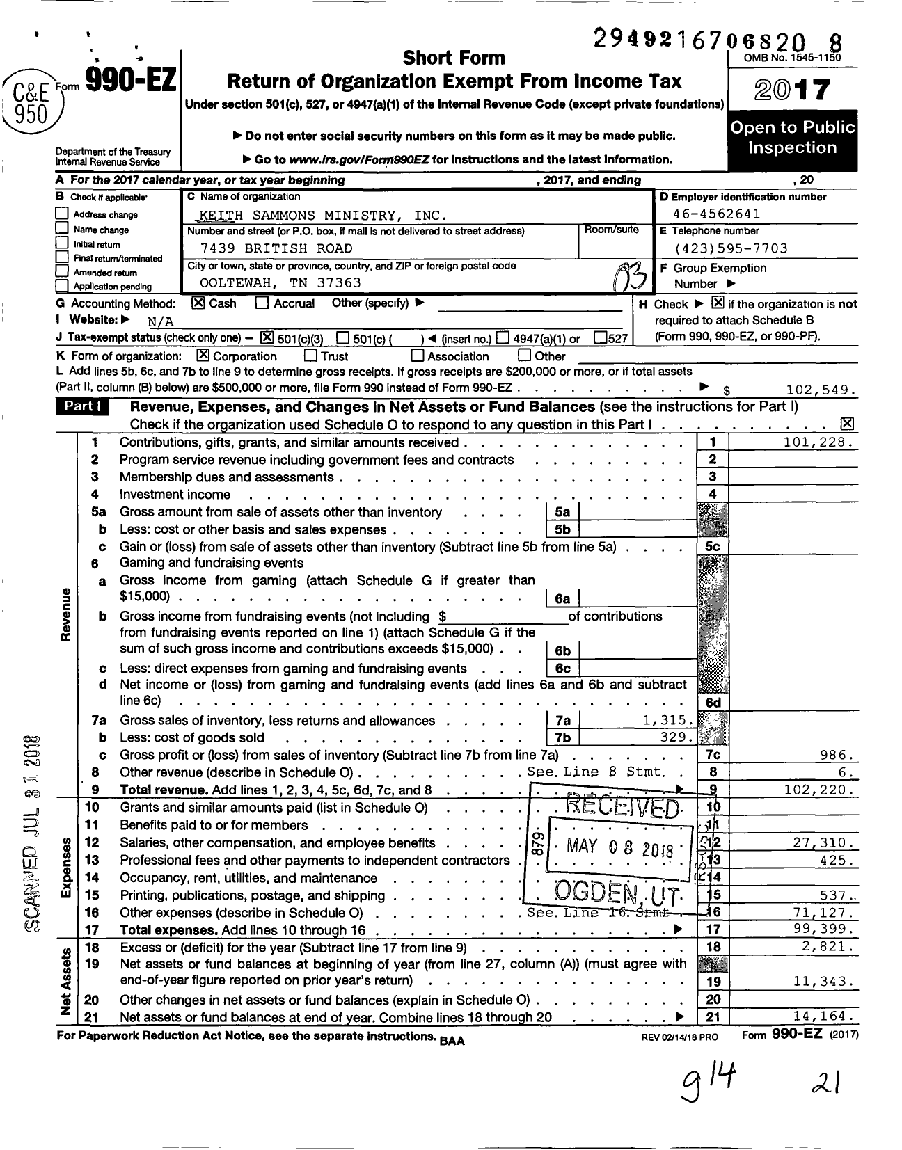 Image of first page of 2017 Form 990EZ for Keith Sammons Ministry