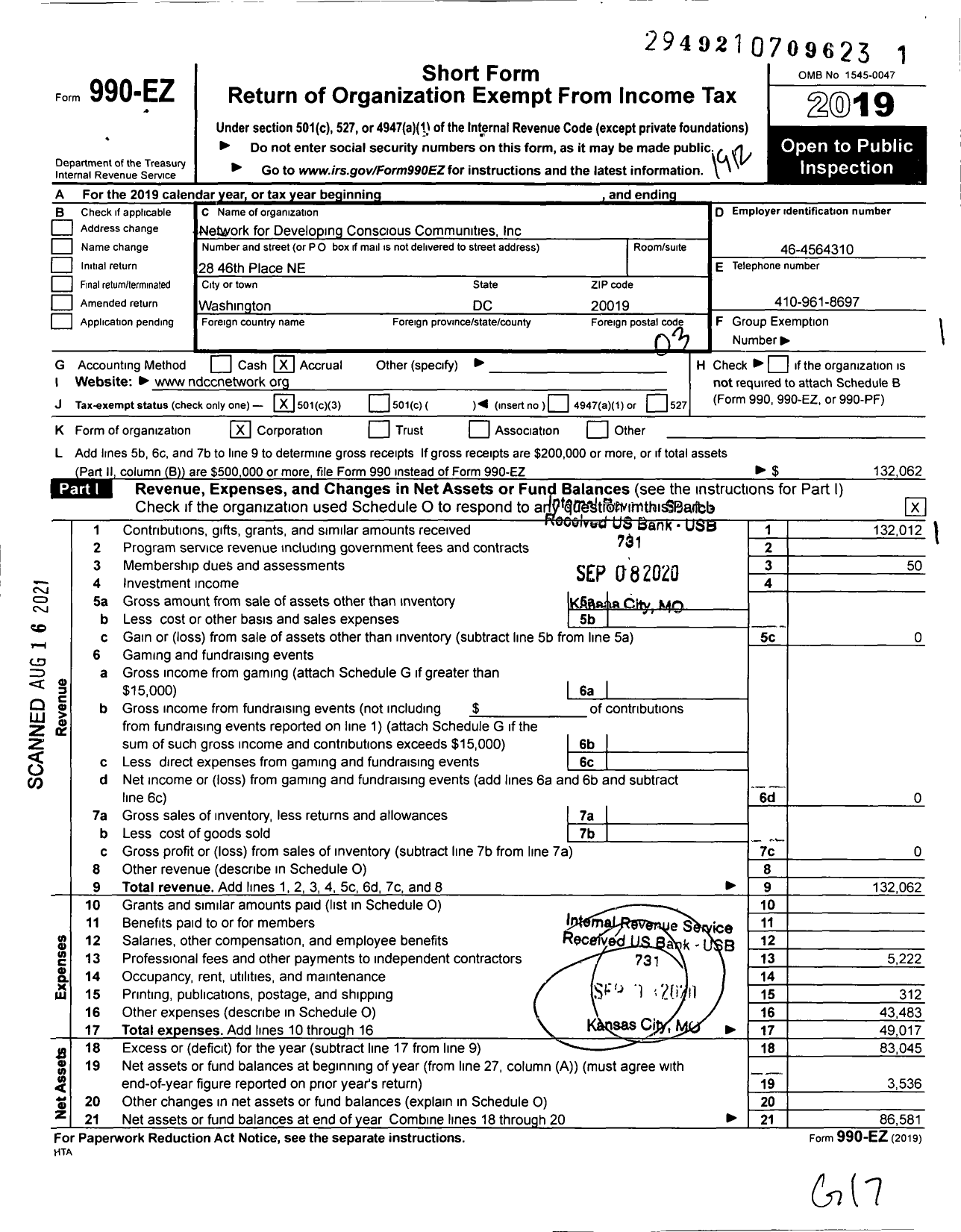 Image of first page of 2019 Form 990EZ for Network for Developing Conscious Communities