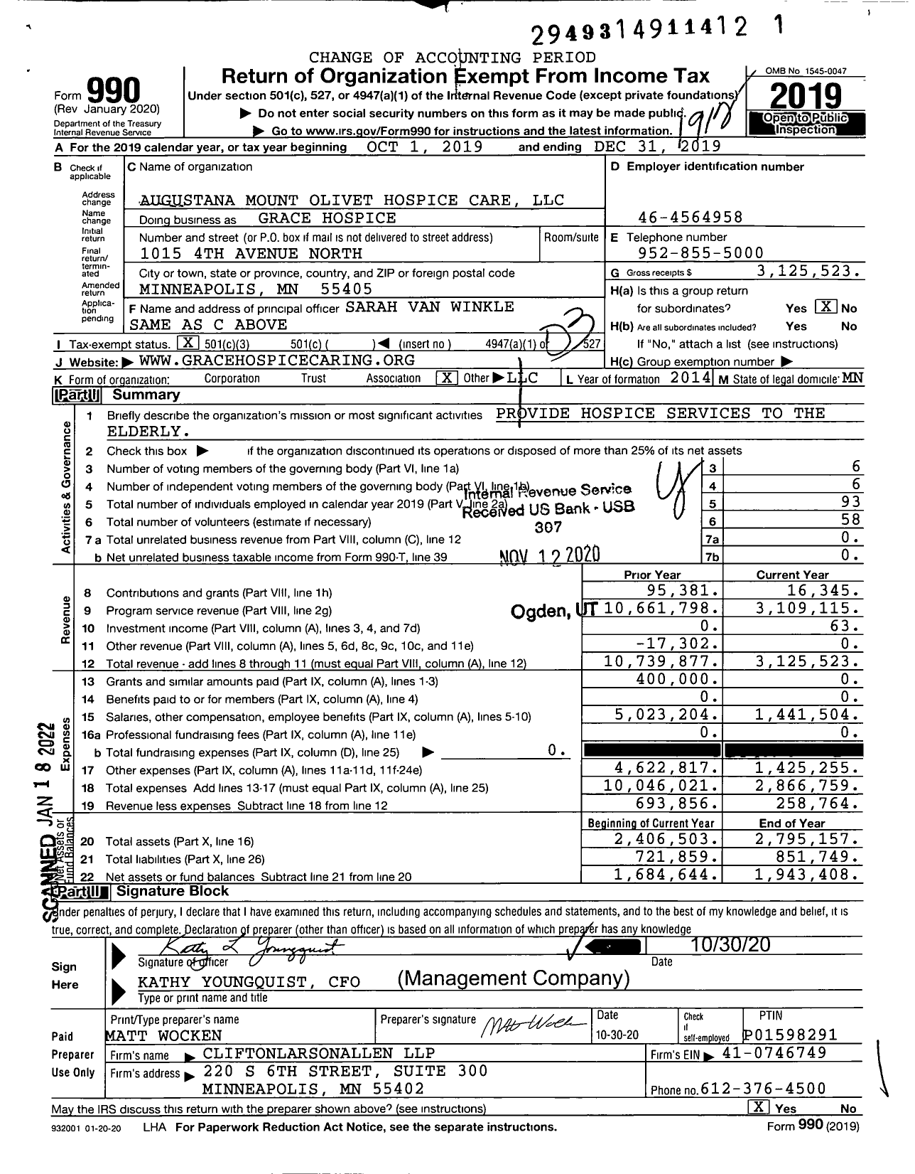 Image of first page of 2019 Form 990 for Grace Hospice