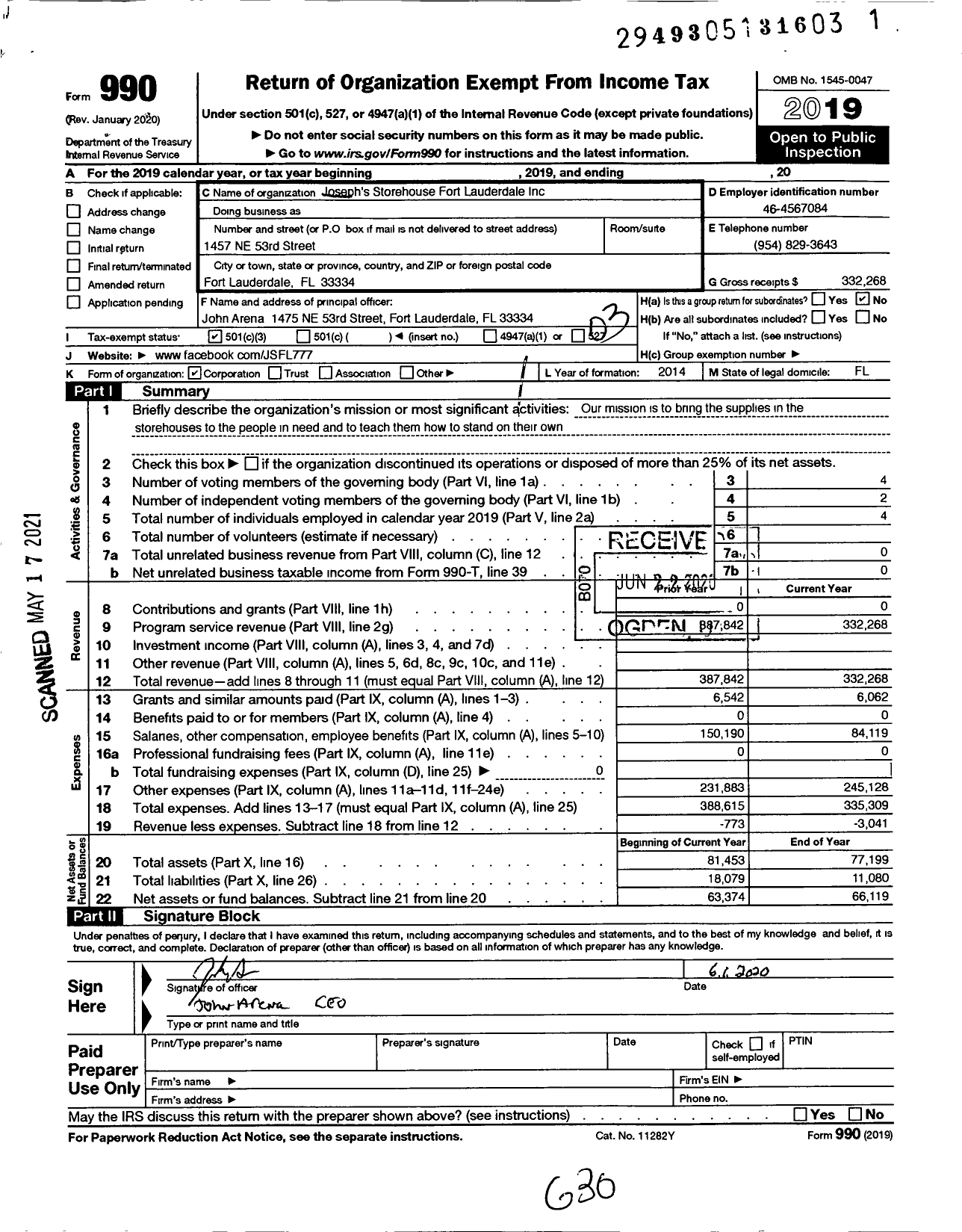 Image of first page of 2019 Form 990 for Josephs Storehouse Fort Lauderdale