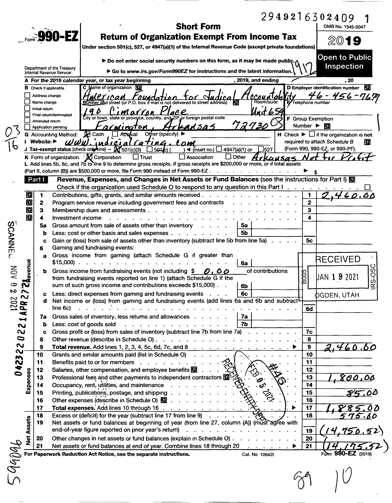 Image of first page of 2019 Form 990EZ for American Foundation for Judicial Accountability